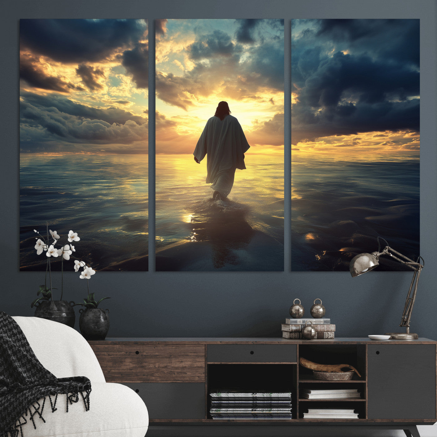 -Jesus Walks Wall Art Canvas Print Framed Divine Sunset Art Spiritual Light Print for Home, Office, Living Room
