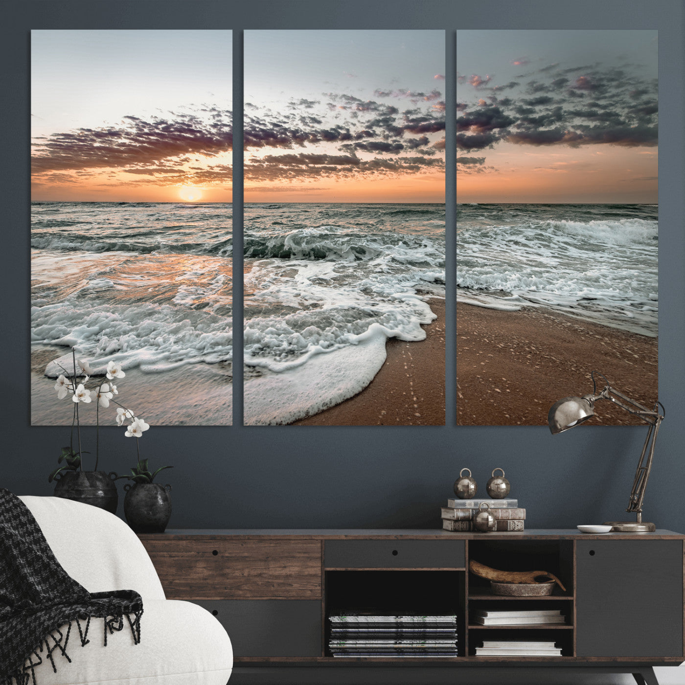 40632752-MGV-CV-36X24-Ocean Sunset Wall Art Canvas Print – Framed Beach Waves Scene with Coastal Artwork for Home, Office, Living Room