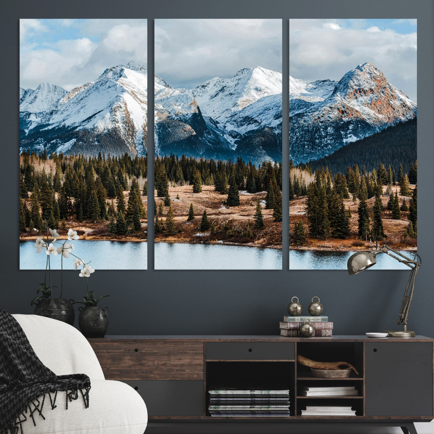 -Snowy Peaks Wall Art Canvas Print, Framed Alpine Lake Art Picture Print, Pine Forest Perfect Alpine