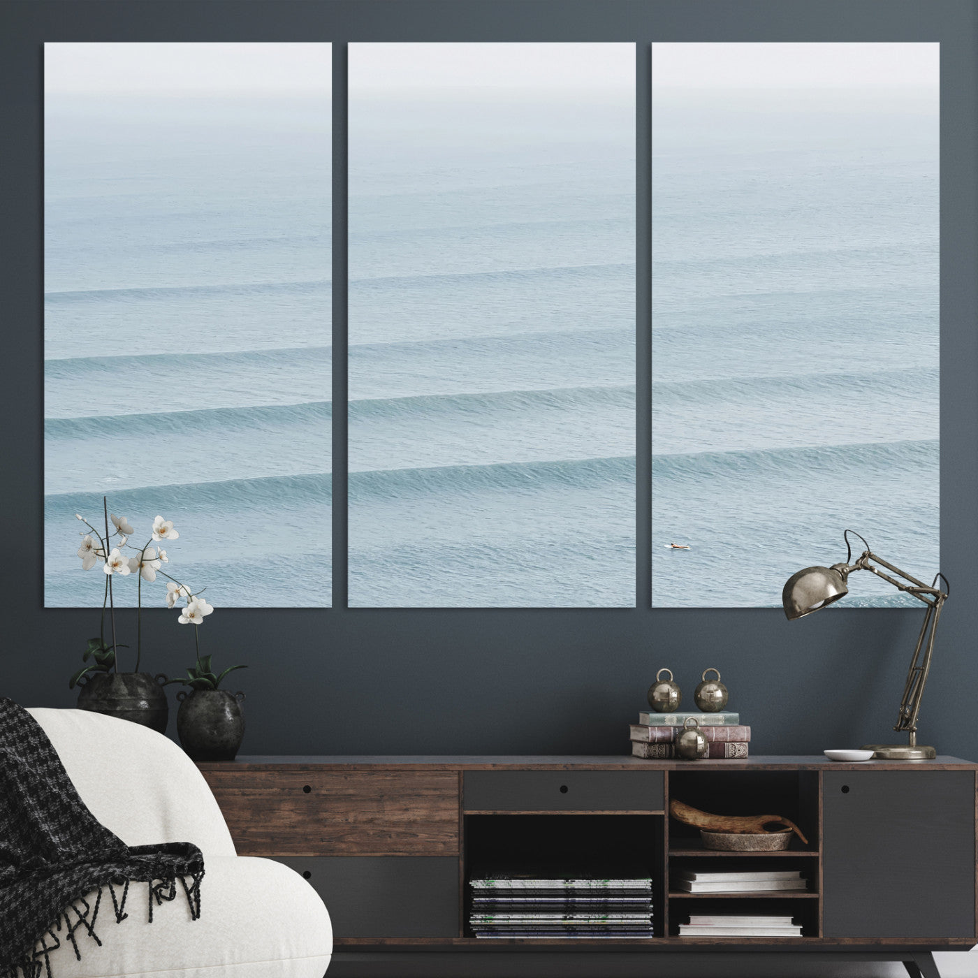 -Ocean Waves Wall Art Canvas Print, Framed Solo Surfer Art Picture Print, Wave Lines Perfect