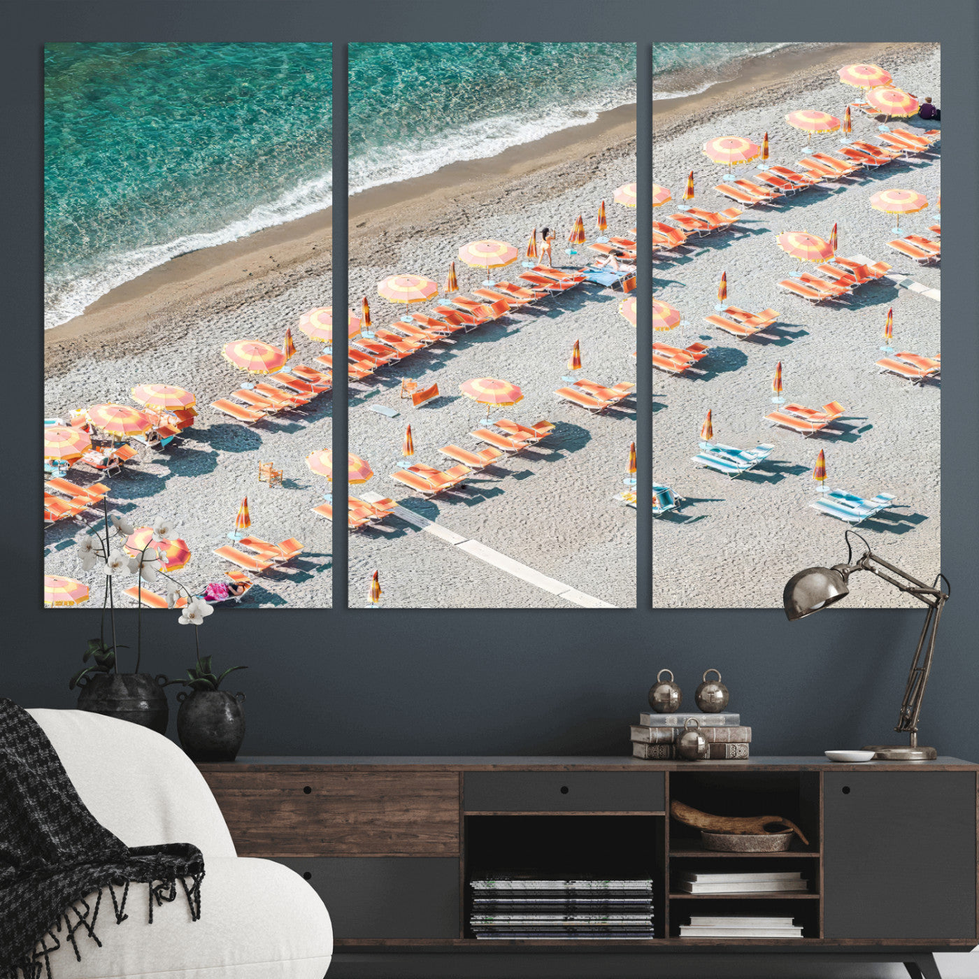 27805351-MGV-CV-36X24 - Beach Umbrellas Wall Art – Orange Loungers & Turquoise Water Canvas Print, Sandy Shore and Summer Vibes