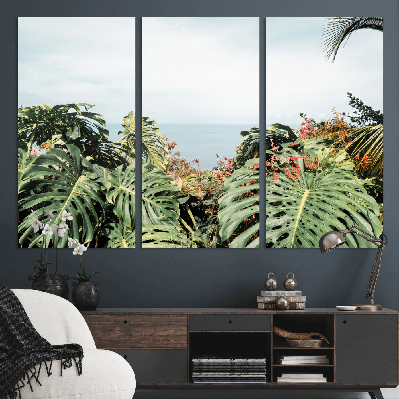 45700479-MGV-CV-36X24 - Tropical Greenery Wall Art – Exotic Leaves & Ocean View Canvas Print, Sunlit Paradise and Vibrant Nature for Living Room or Coastal Decor