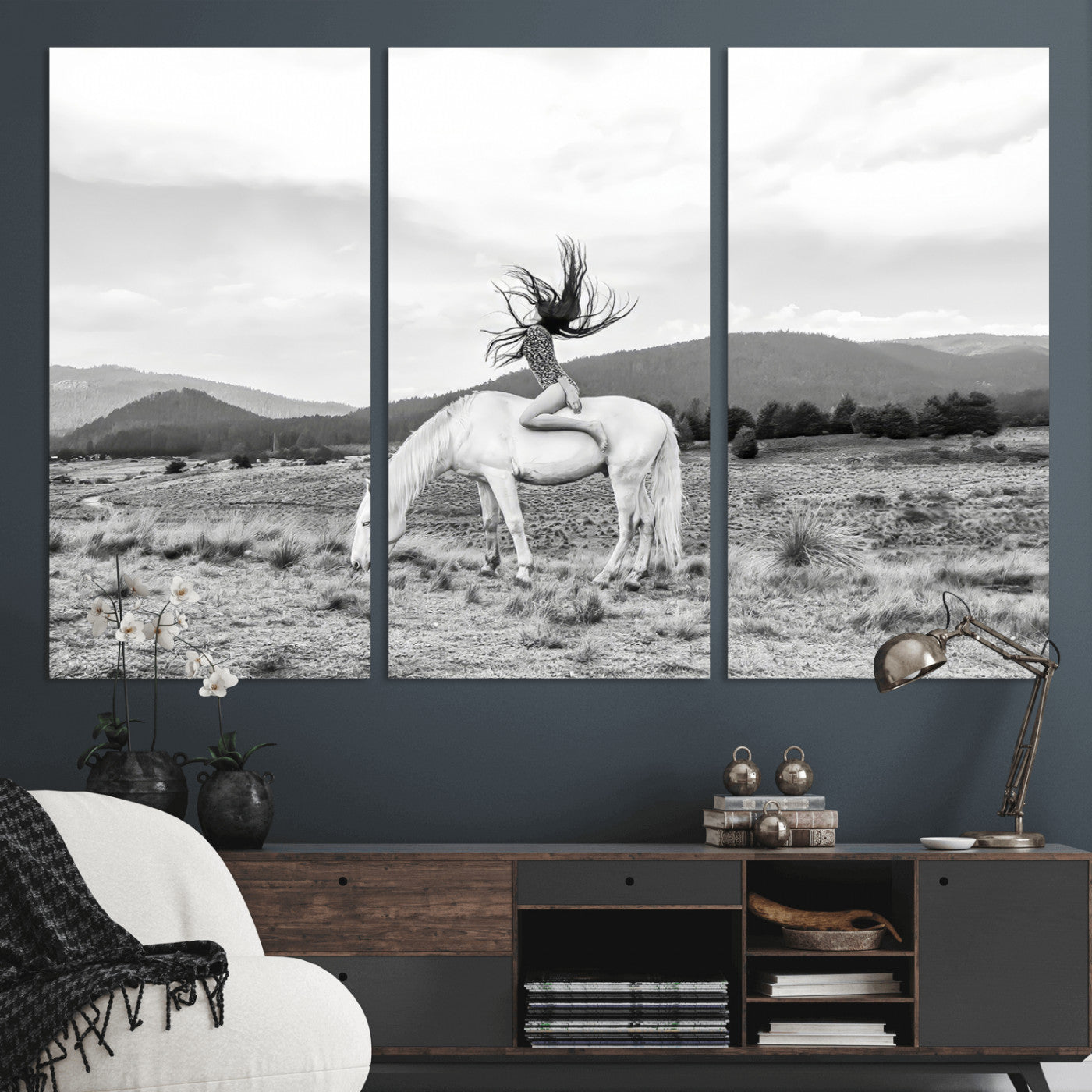 62789800-MGV-CV-48X32-3P-White Horse Wall Art Canvas Print – Framed Woman Rider Equestrian Pose Western Boho Elegant Artwork for Home Office