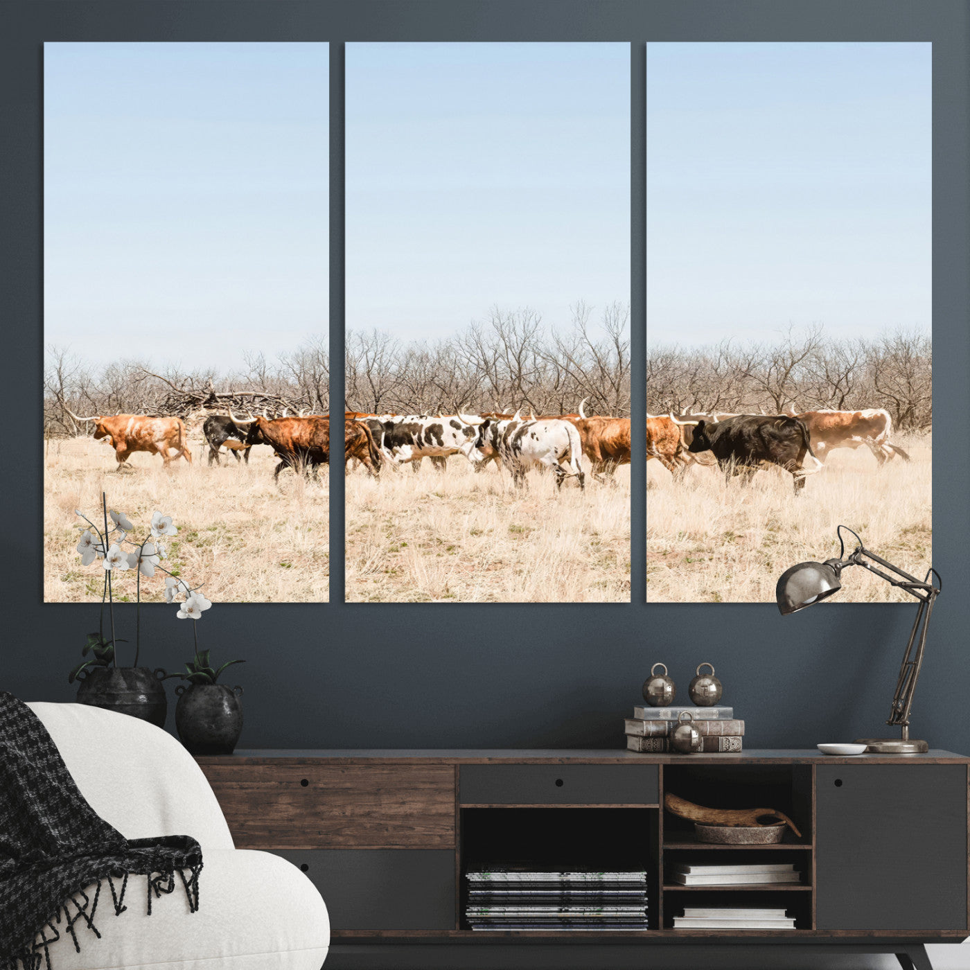 16563092-MGV-CV-36X24-Texas Longhorns Wall Art Canvas Print – Framed Western Cattle Rustic Herd Farmhouse Country Animal Artwork for Home Office