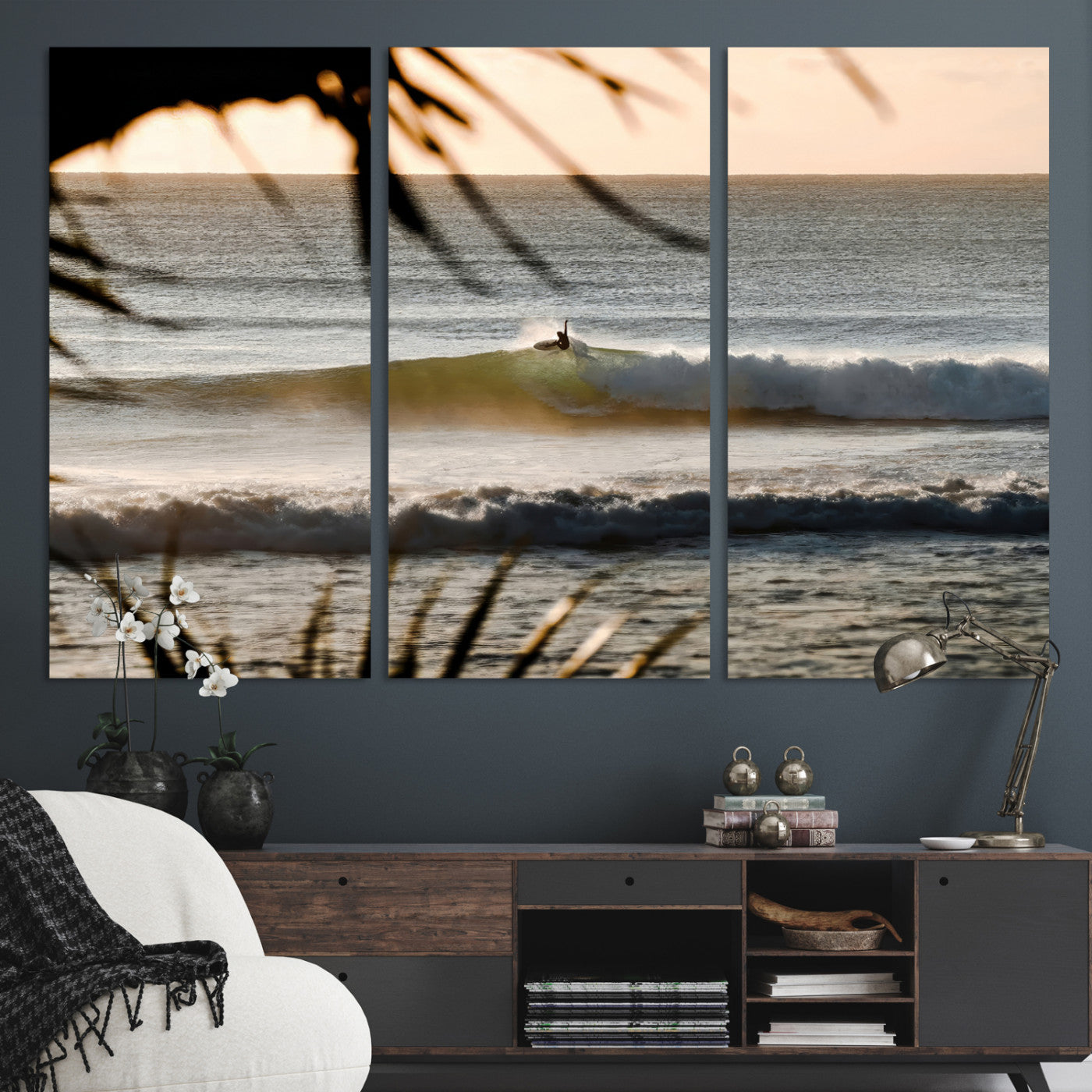 -Sunset Surf Wall Art Canvas Print, Framed Golden Hour Art Picture Print, Waves Perfect Boho Decor,