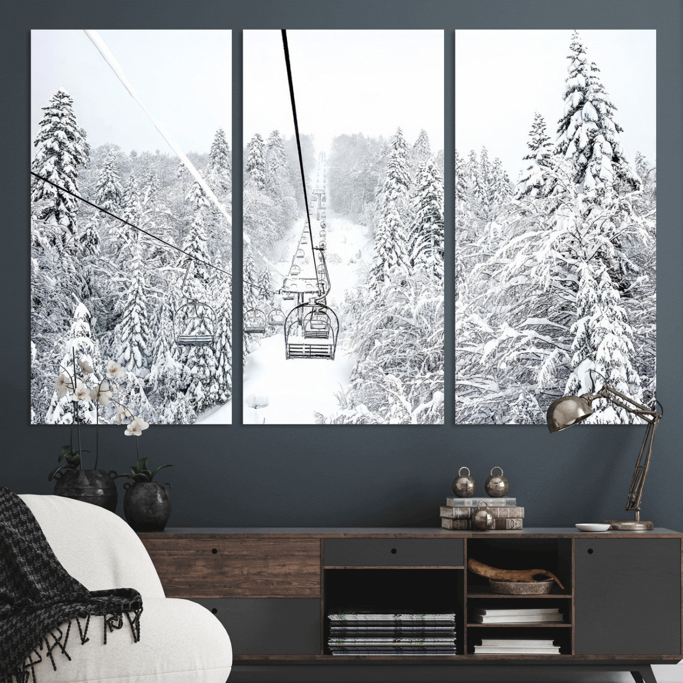 44705668-MGV-CV-36X24-Snowy Ski Lift Wall Art – Framed Winter Mountain Canvas Artwork, Serene Forest Design, Modern Nature Decor for Home, Office
