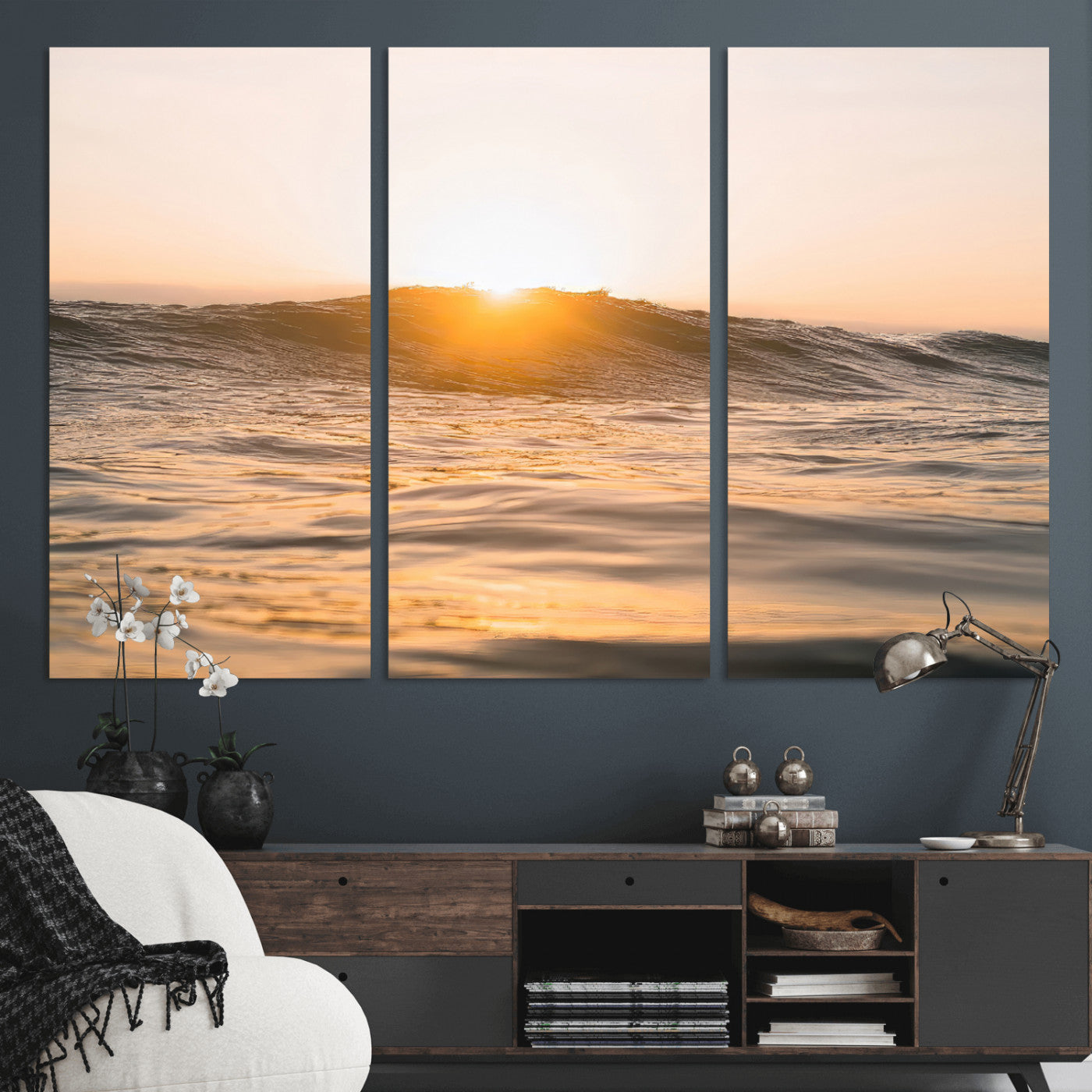 16973771-MGV-CV-36X24-Calm Water Wall Art – Framed Sunset Waves Canvas Artwork, Coastal Warm Design, Minimal Ocean Decor for Home, Office