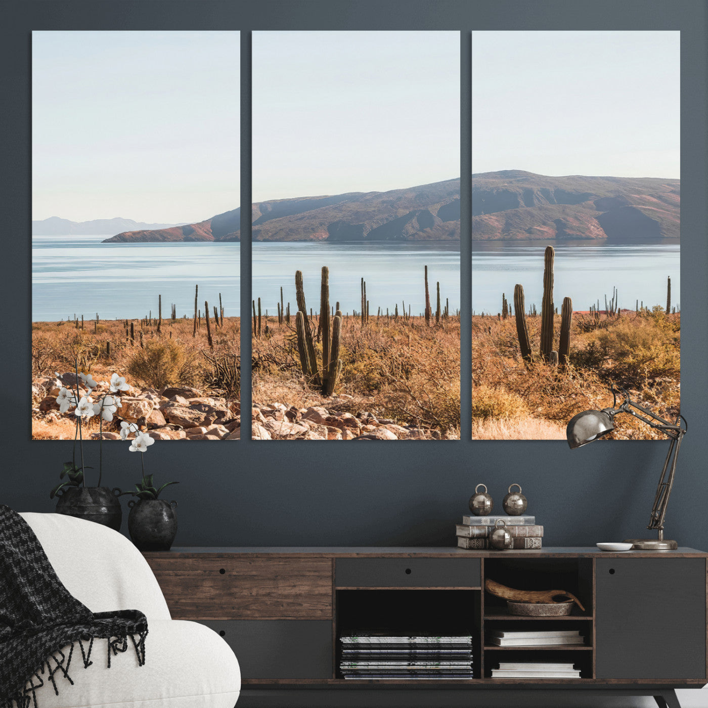 MGV-CV-48X32-3P - Desert Cactus Wall Art Canvas Print, Framed Baja Coastline Art Picture Print, Coastal Desert Perfect Southwestern Minimalist Decor Artwork