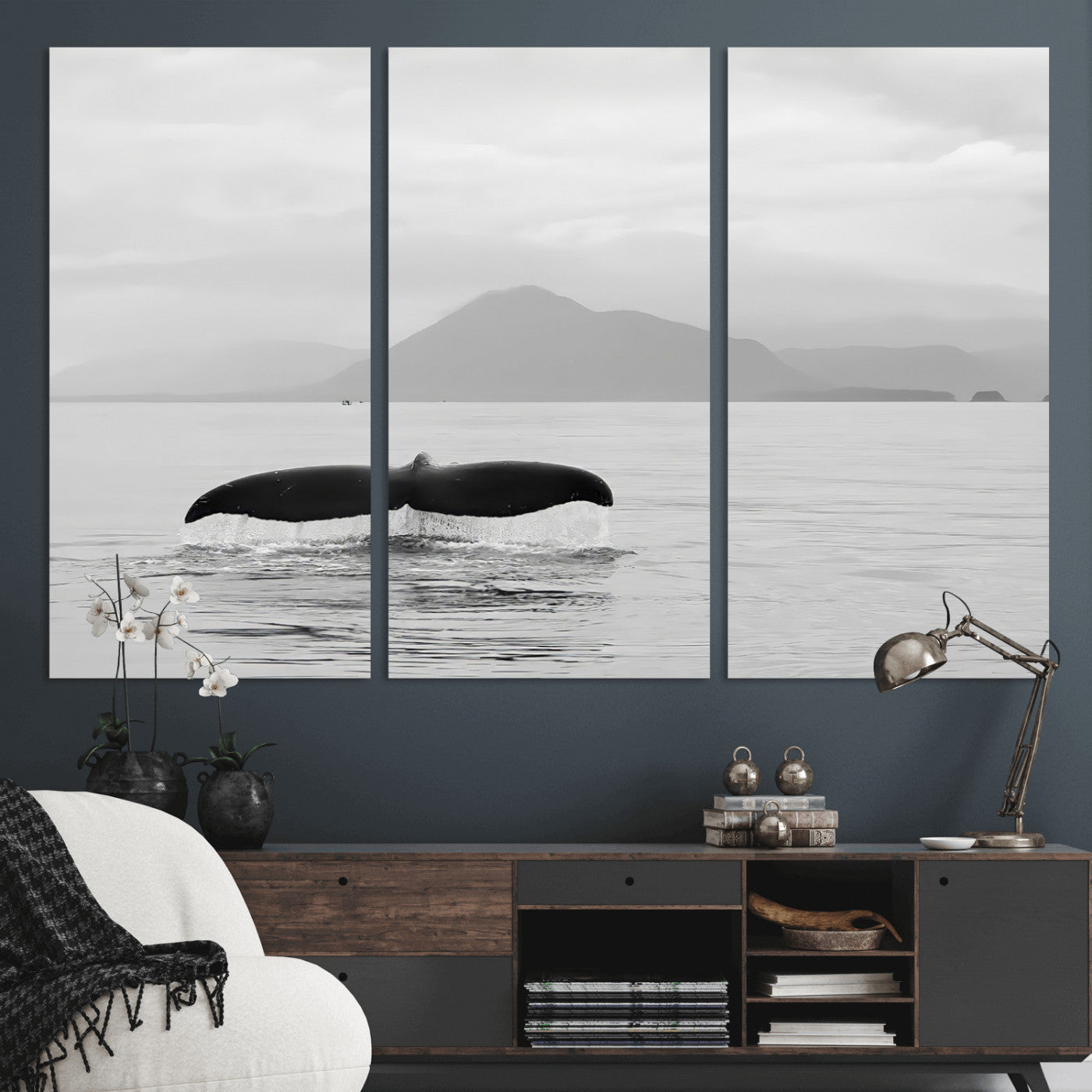 MGV-CV-48X32-3P - Whale Tail Wall Art Canvas Print, Framed Black White Ocean Art Picture Print, Calm Marine Perfect Minimalist Coastal Decor Artwork