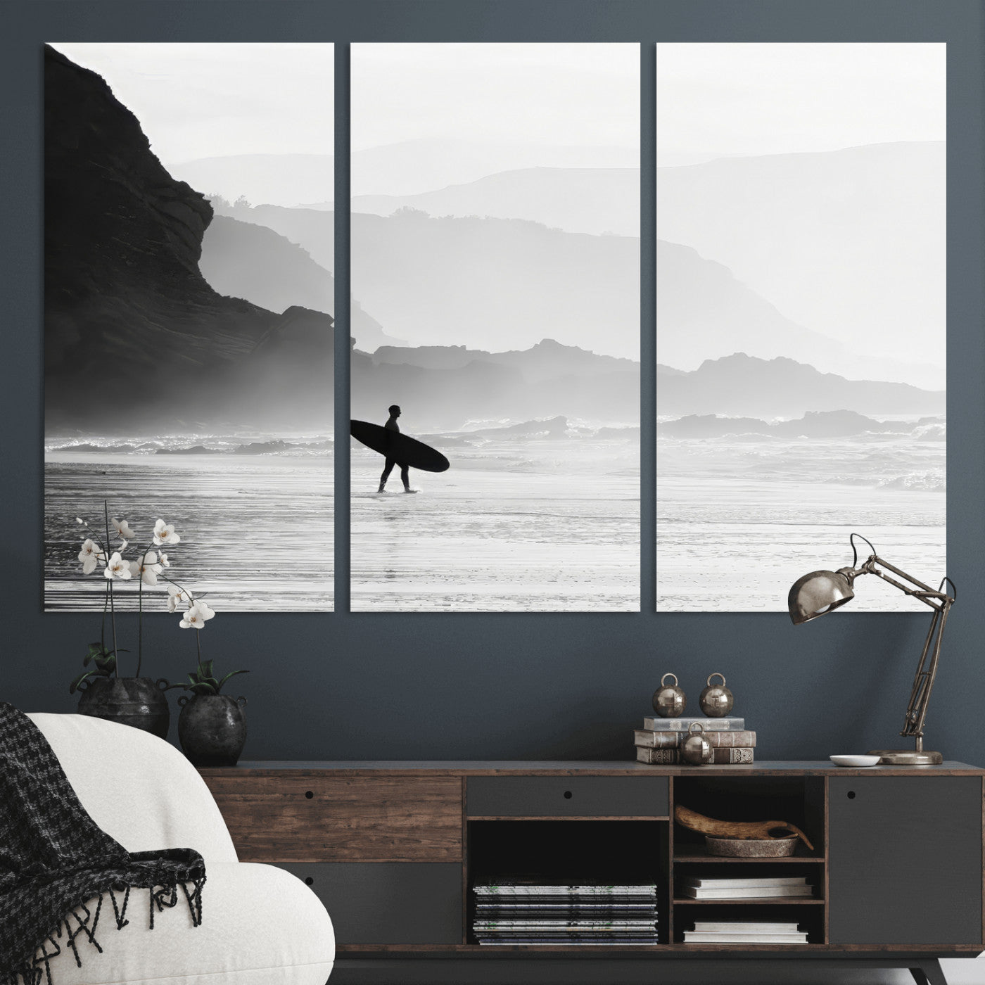 69956934-MGV-CV-36X24-Surfer Beach Wall Art – Framed Black White Ocean Canvas Artwork, Misty Coastal Design, Minimal Surf Decor for Home, Office