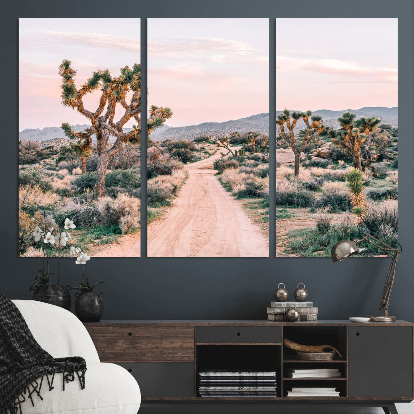 MGV-CV-48X32-3P - Desert Trail Wall Art – Canvas Print of Joshua Trees & Sunset Glow, Sandy Path Wilderness, Scenic Nature Escape Decor for Living Room, Office or Bedroom