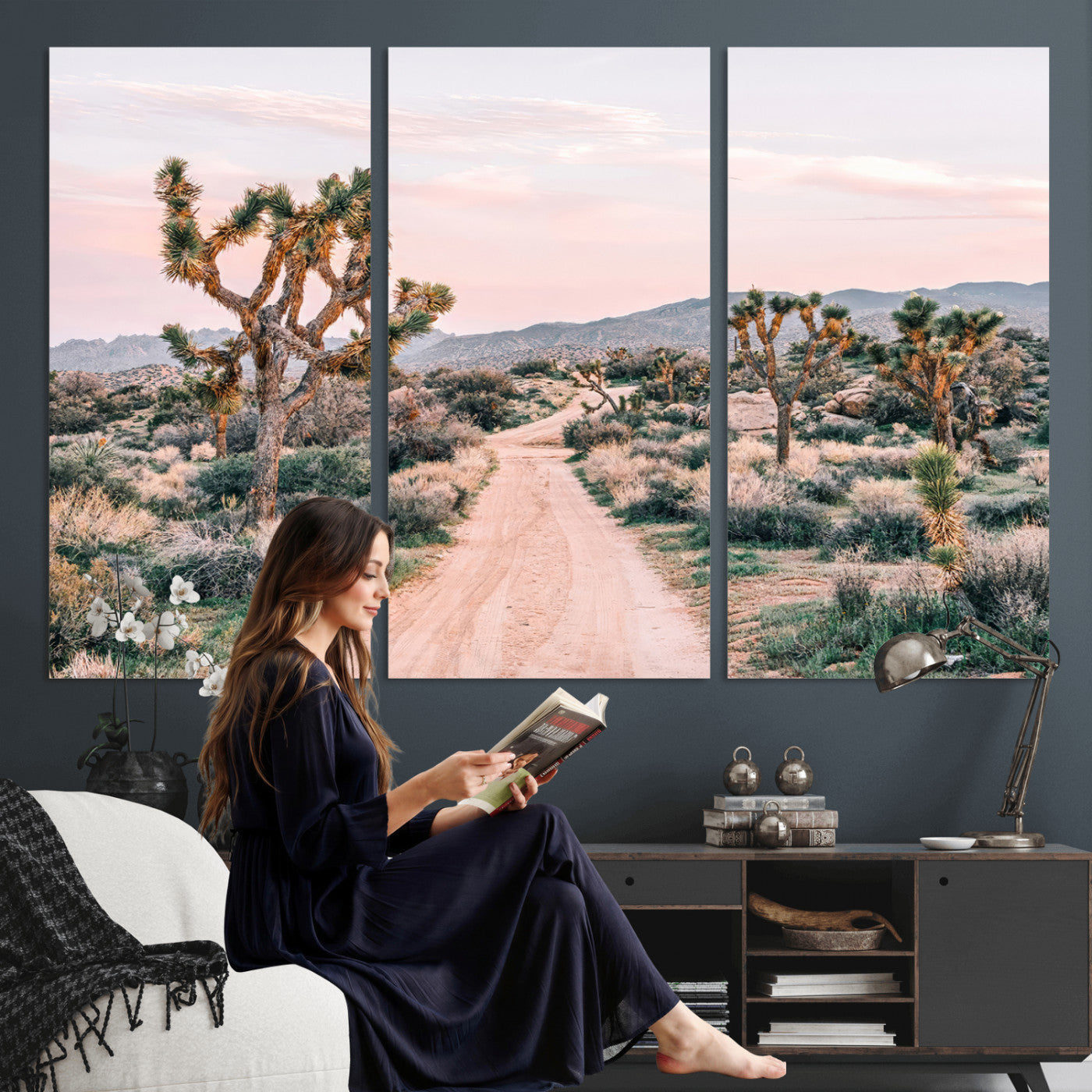 12540952-MGV-CV-36X24 - Desert Trail Wall Art – Canvas Print of Joshua Trees & Sunset Glow, Sandy Path Wilderness, Scenic Nature Escape Decor for Living Room, Office or Bedroom