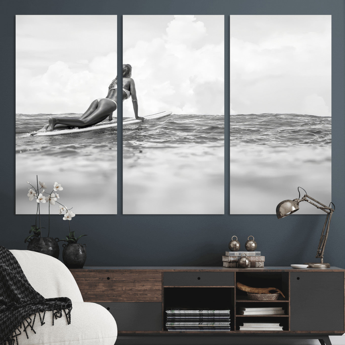 69798068-MGV-CV-36X24-Black and White Surfing Wall Art Canvas Print – Framed Ocean Horizon with Surfer Girl Coastal Adventure Artwork for Home, Office