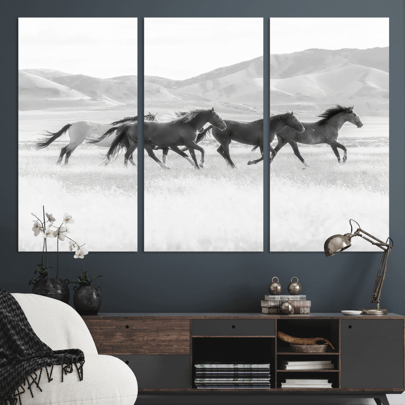 MGV-CV-48X32-3P - Wild Horses Wall Art – Black & White Canvas Print of Herd Running, Nature in Motion, Freedom & Beauty Decor for Guest Room, Office or Living Room