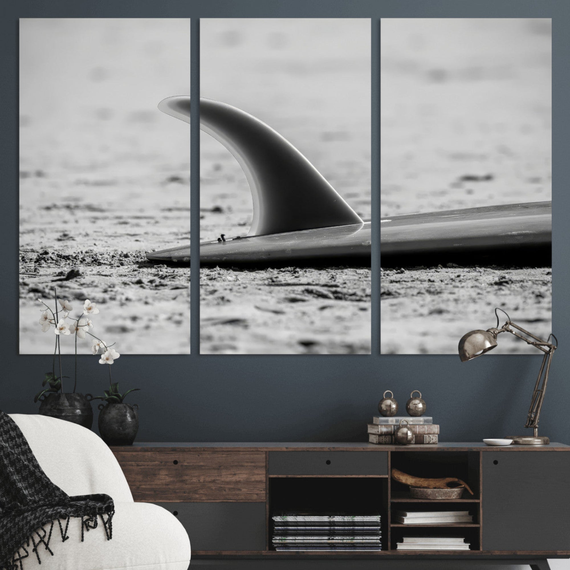 MGV-CV-48X32-3P - Black White Surfboard Wall Art Canvas Print, Framed Minimalist Beach Art Picture Print, Surf Fin Perfect Minimalist Coastal Decor Artwork