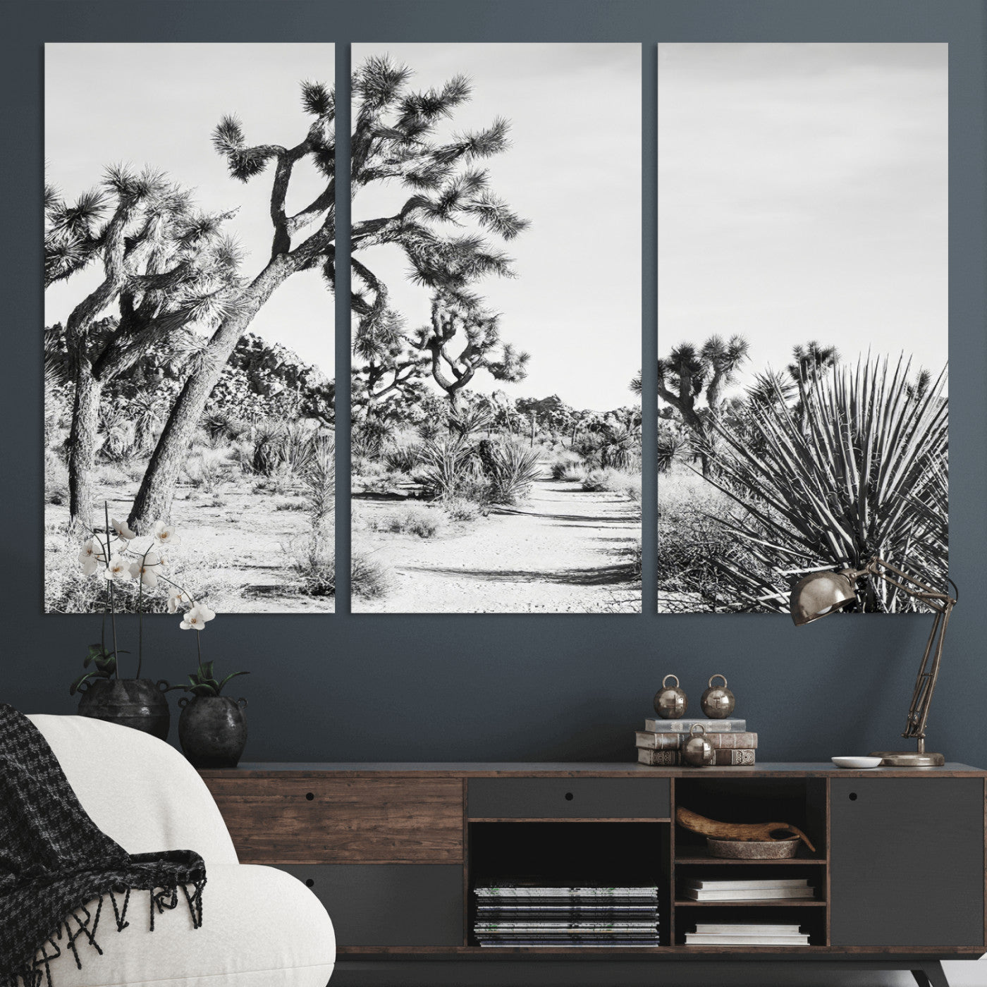 MGV-CV-48X32-3P - Joshua Tree Desert Wall Art – Black & White Canvas Print of Desert Landscape, Nature Serenity Decor for Guest Room, Office or Living Room