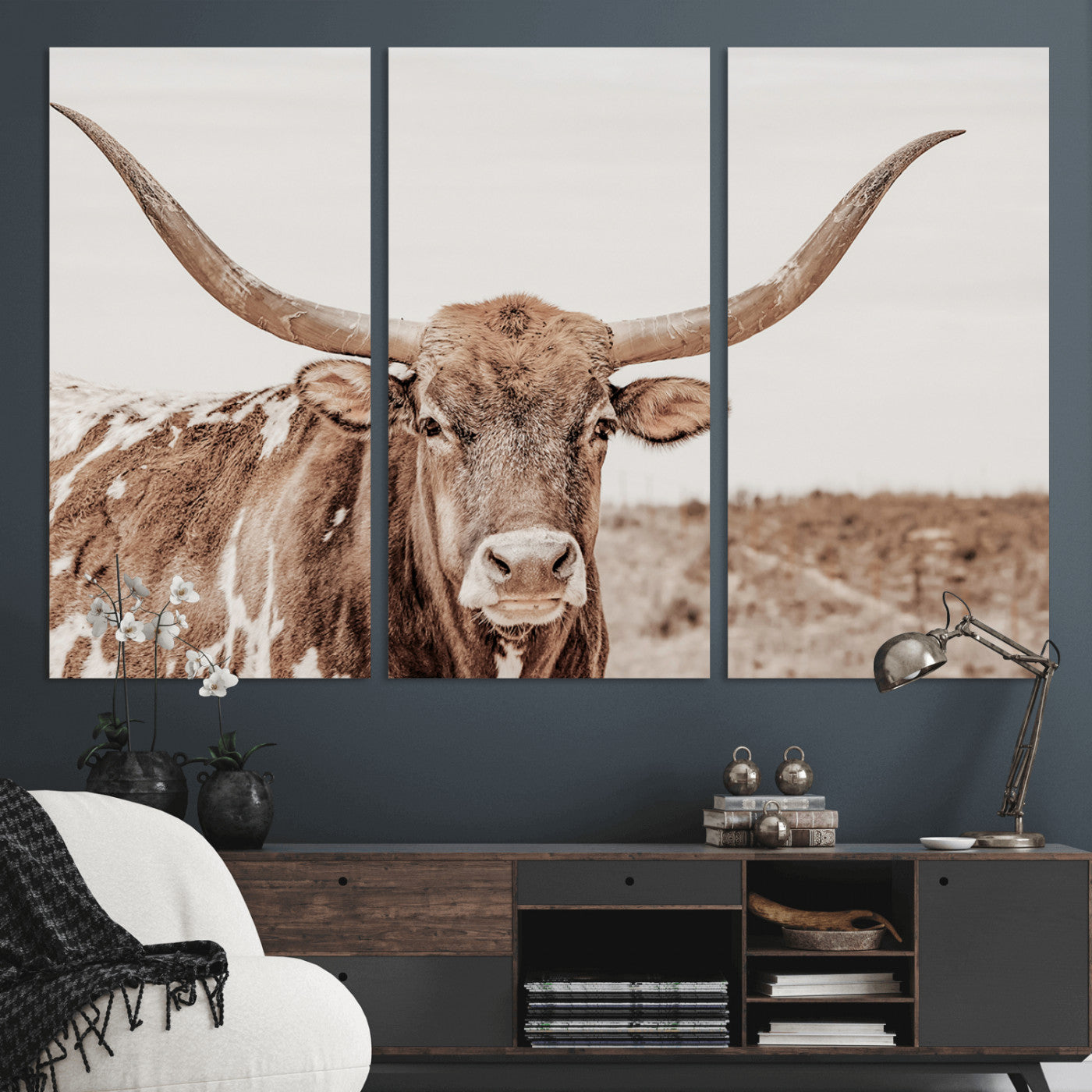 39964150-MGV-CV-36X24 - Longhorn Cow Wall Art Canvas Print, Texas Ranch Print, Framed Western Bull Art Print, Large BigHorn Cowboy Printing Perfect for County Decor