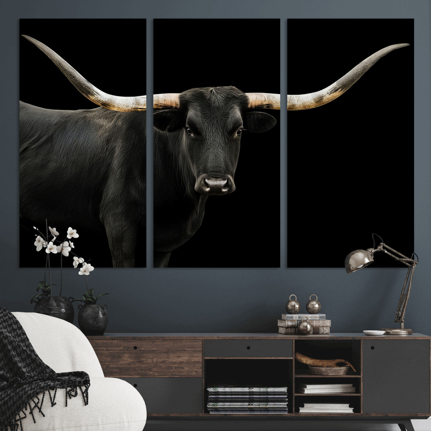 99448328-MGV-CV-48X32-3P-Longhorn Cattle Wall Art Canvas Print – Framed Texas Ranch Scene with Western Cow Artwork for Home, Office, Living Room