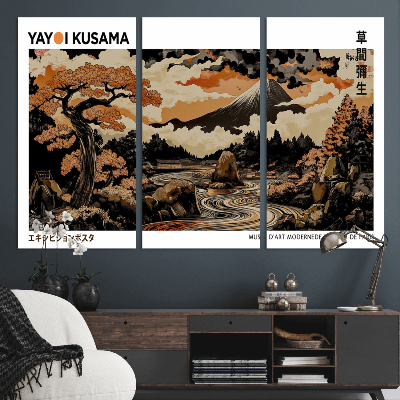 96372548-MGV-CV-36X24-Modern Japanese Wall Art Canvas Print – Framed Abstract Mount Fuji Scene with Yayoi Kusama Style Artwork for Home, Office