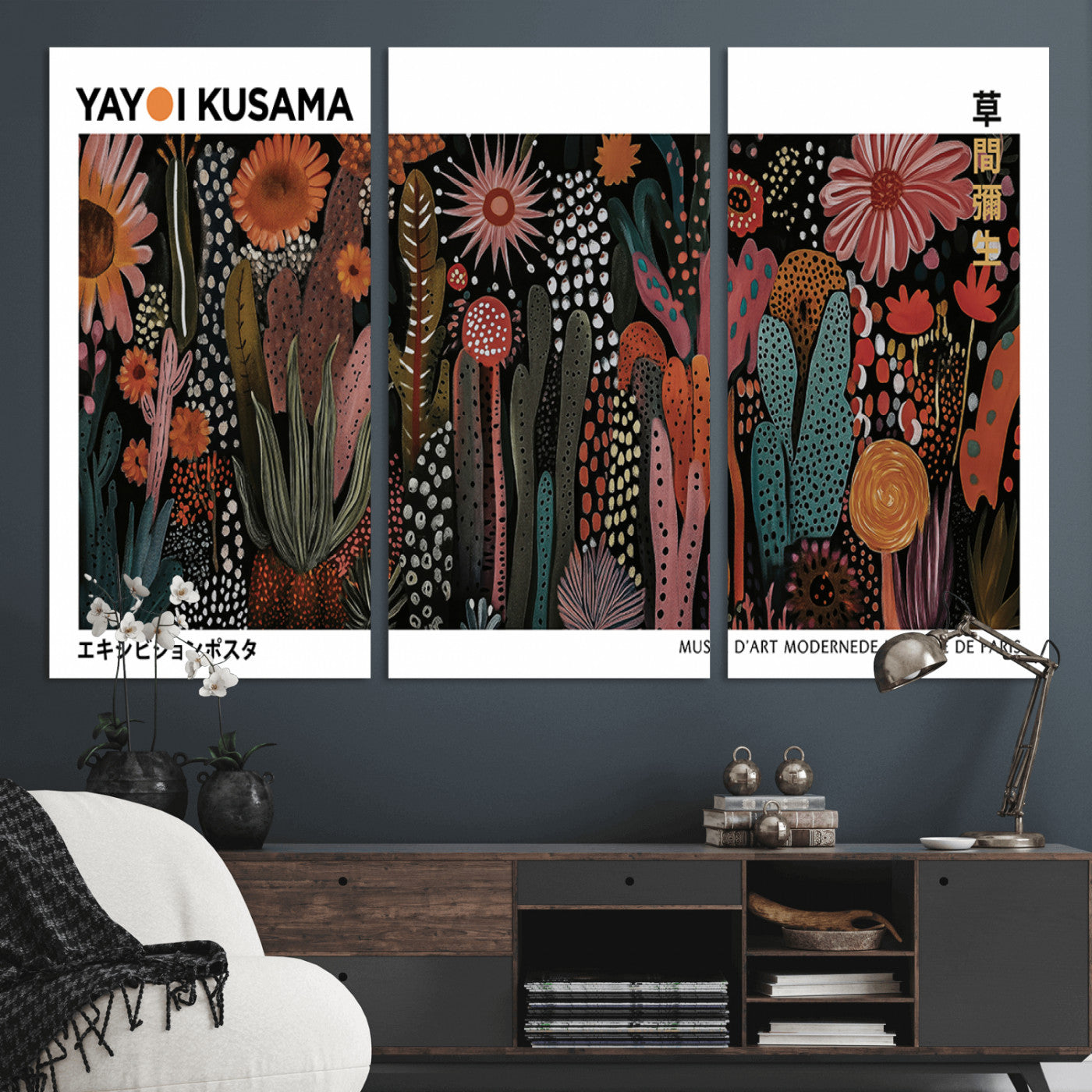 70632622-MGV-CV-48X32-3P-Modern Japanese Wall Art Canvas Print – Framed Abstract Mount Fuji Scene with Yayoi Kusama Artwork for Home, Office