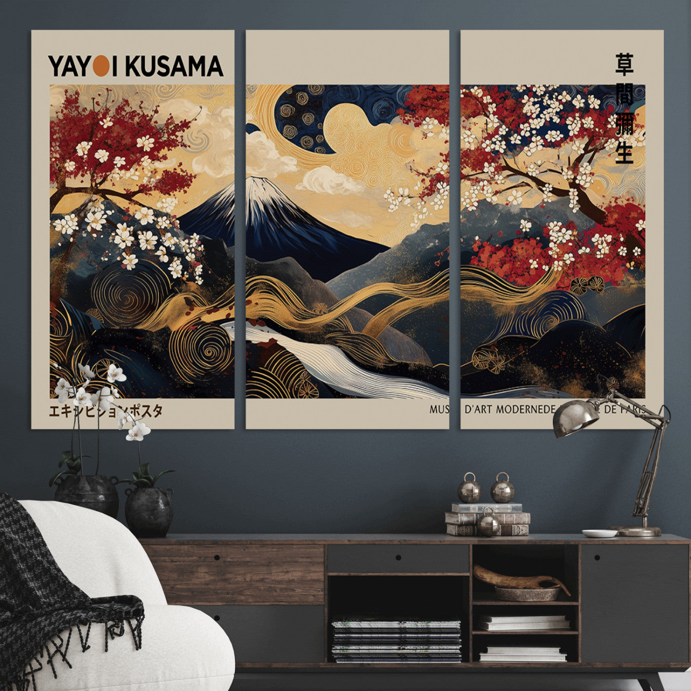 54967195-MGV-CV-48X32-3P-Modern Japanese Wall Art Canvas Print – Framed Abstract Mount Fuji Scene with Yayoi Kusama Japanese Artwork for Home, Office