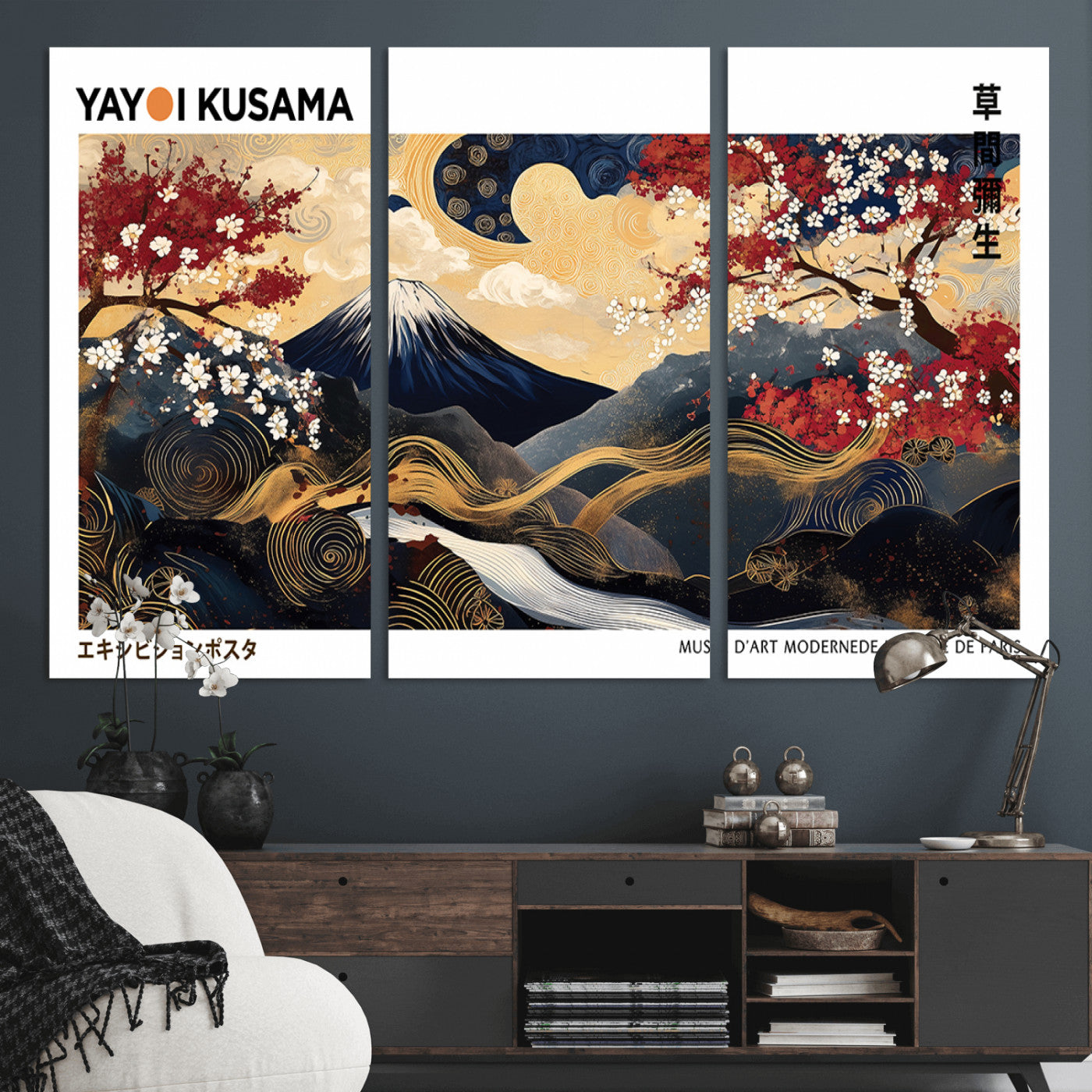 66243961-MGV-CV-36X24-Modern Mount Fuji Wall Art Canvas Print – Framed Abstract Mount Fuji Scene with Yayoi Kusama Artwork for Home, Office