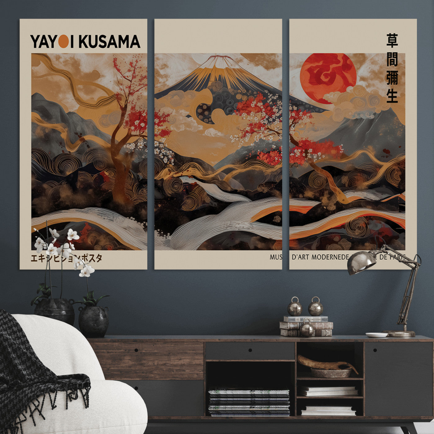 77970791-MGV-CV-48X32-3P-Modern Japanese Wall Art Canvas Print – Framed Abstract Mount Fuji Scene with Yayoi Kusama Artwork for Home, Office