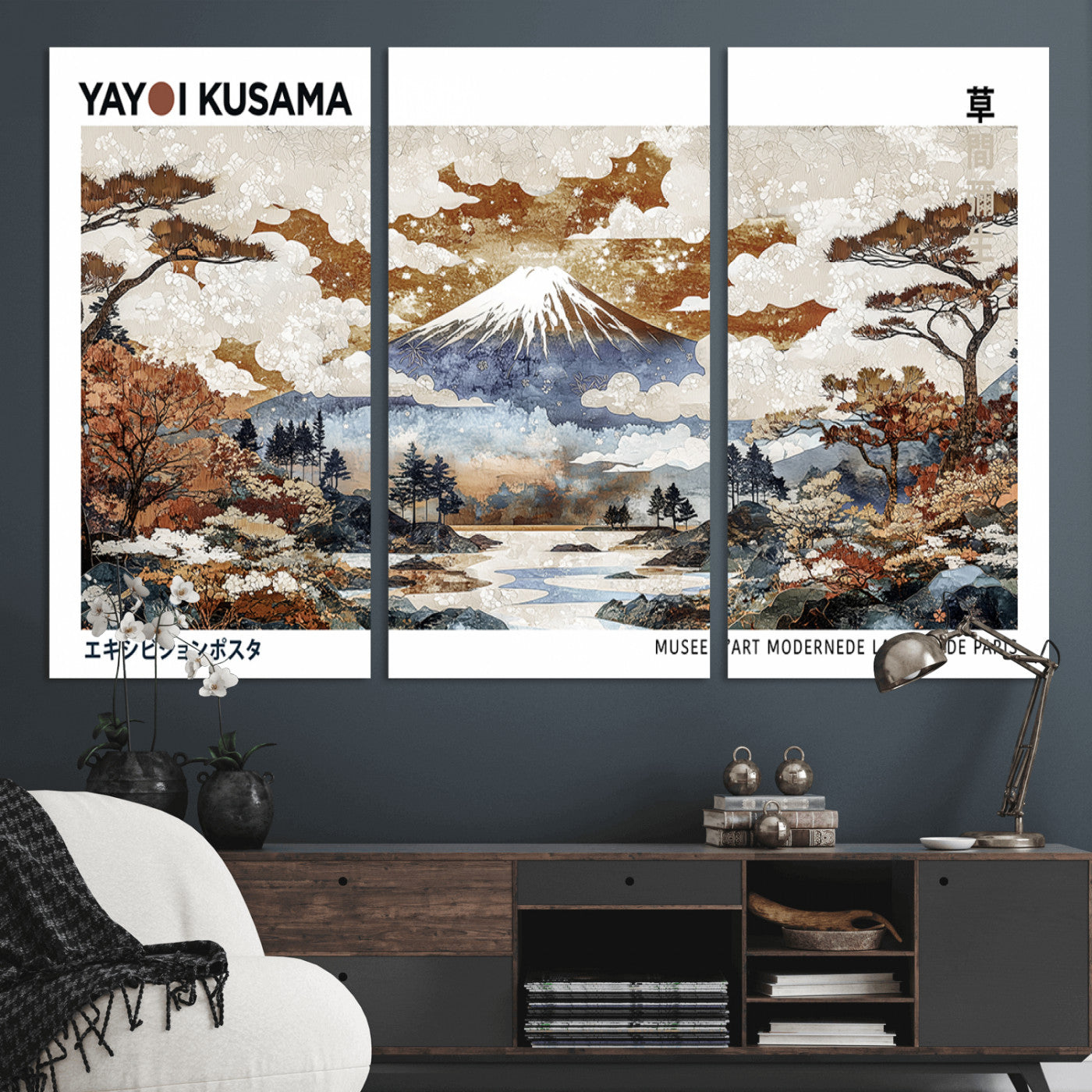 80111817-MGV-CV-36X24-Modern Japanese Wall Art Canvas Print – Framed Abstract Mount Fuji Scene with Yayoi Kusama Artwork for Home, Office