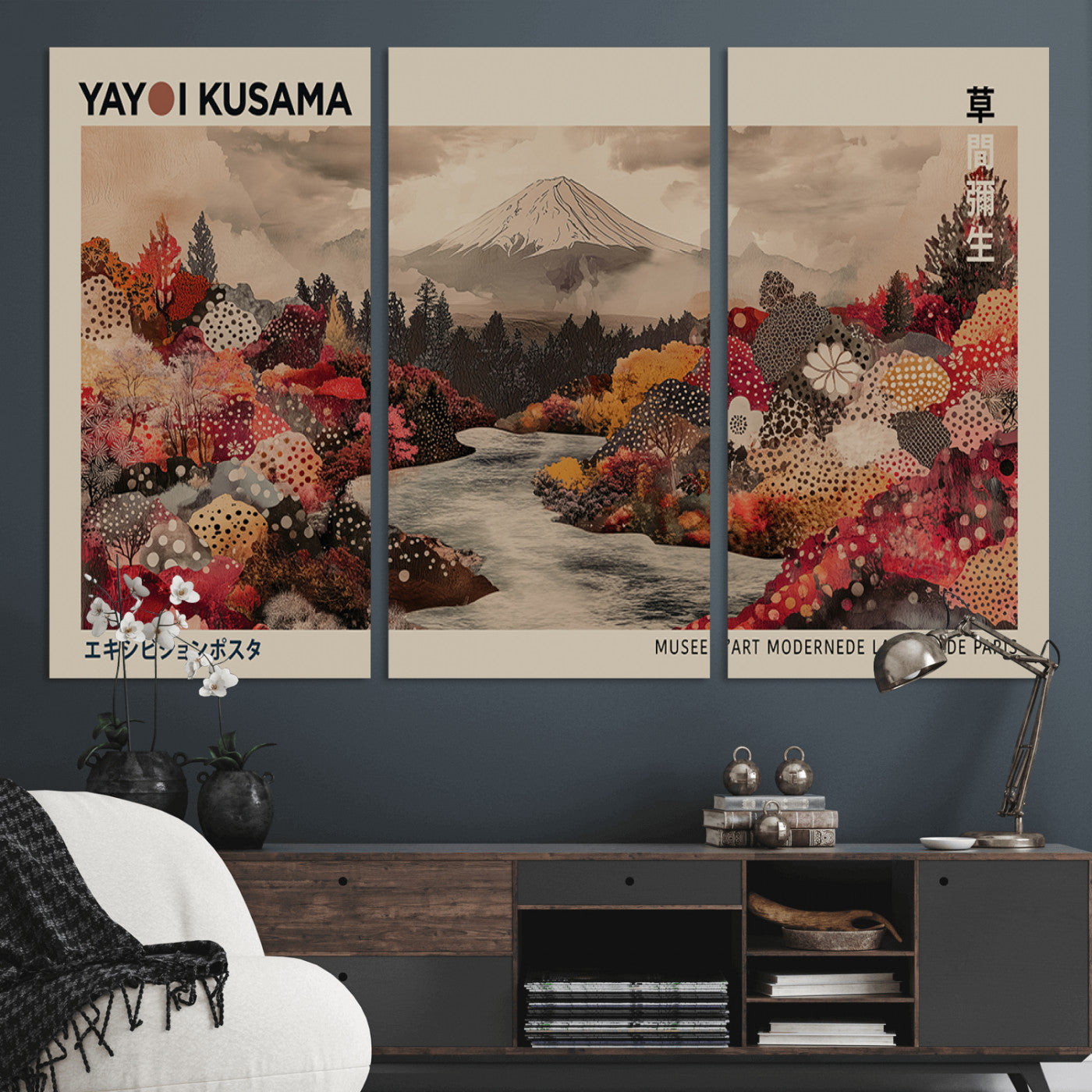 90660838-MGV-CV-36X24-Modern Japanese Wall Art Canvas Print – Framed Abstract Mount Fuji Scene with Yayoi Kusama Artwork for Home, Office