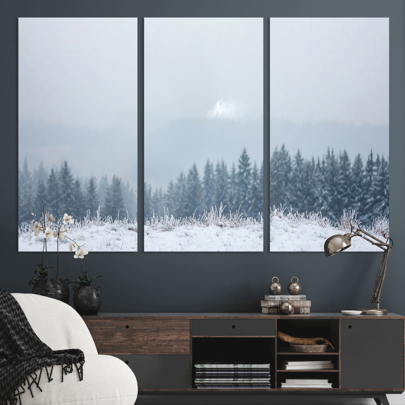 33033082-MGV-CV-48X32-3P-Winter Forest Wall Art Canvas Print – Framed Snowy Landscape Art Picture Misty Tree Scene Artwork for Home Office