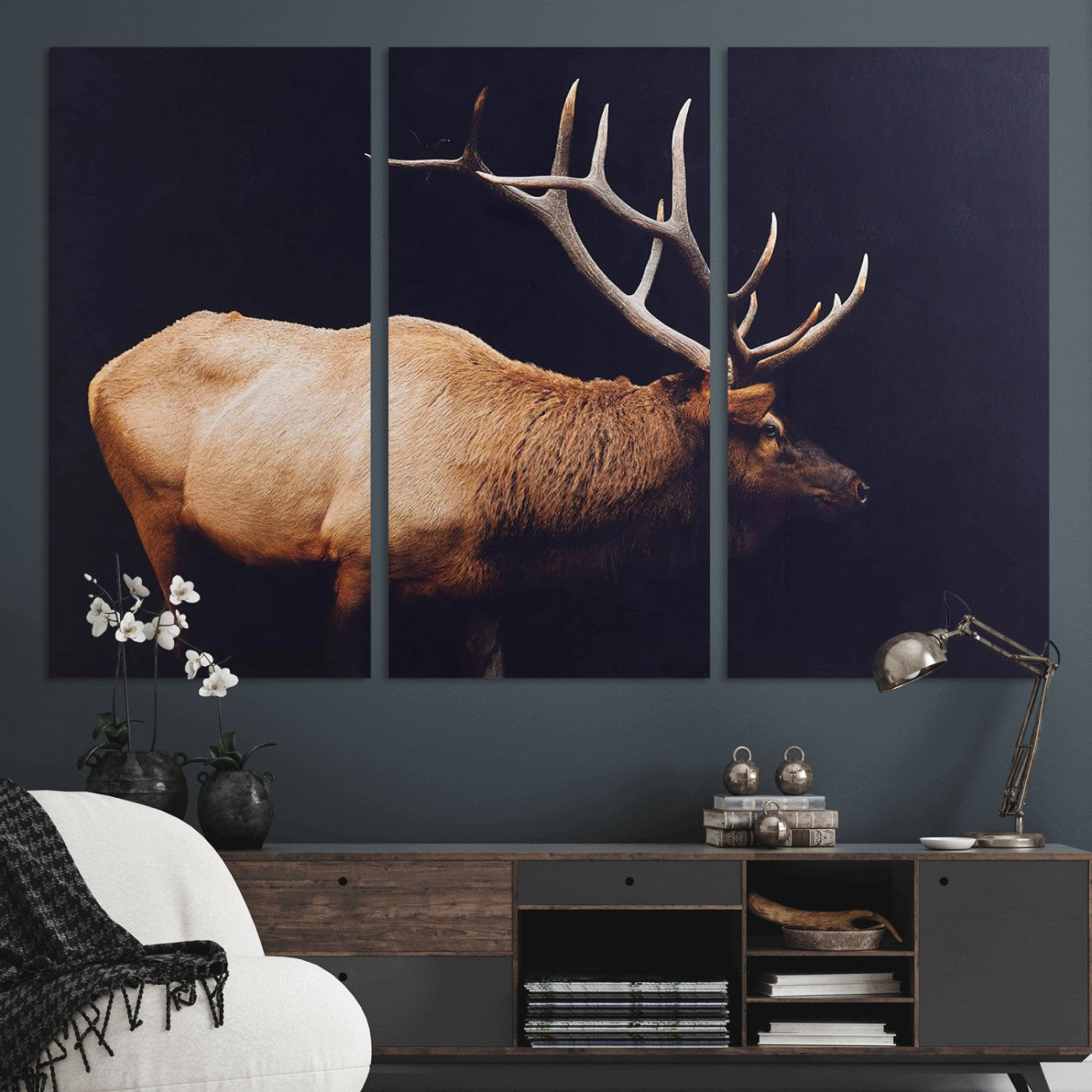 89239257-MGV-CV-48X32-3P - Rustic Elk Wall Art Canvas Print – Framed Moody Wildlife Art Picture Western Animal Artwork for Home, Office