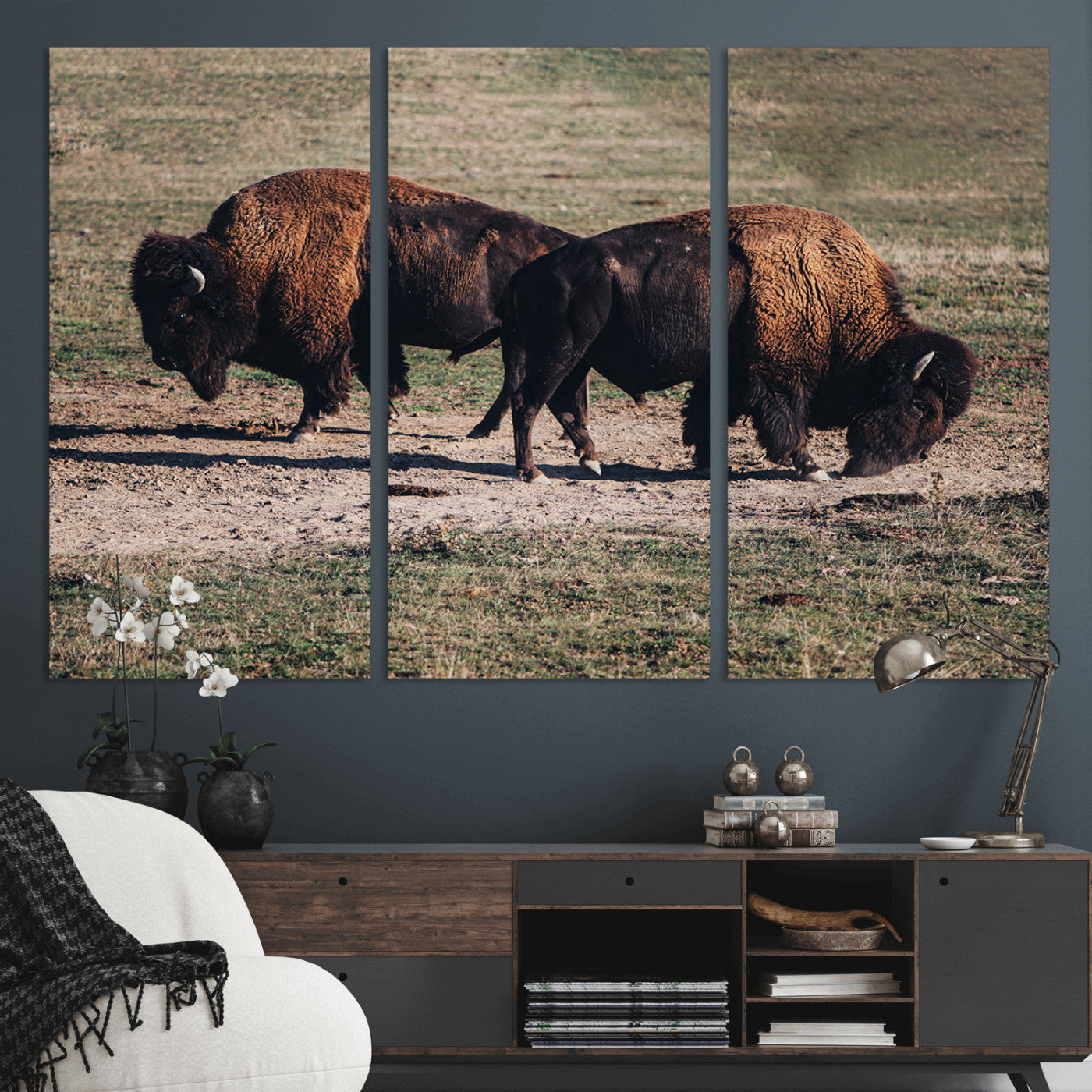 58141885-MGV-CV-48X32-3P-Bison Wall Art Canvas Print – Framed Western Wildlife Modern Ranch Rustic Nature Scene Artwork for Home Office