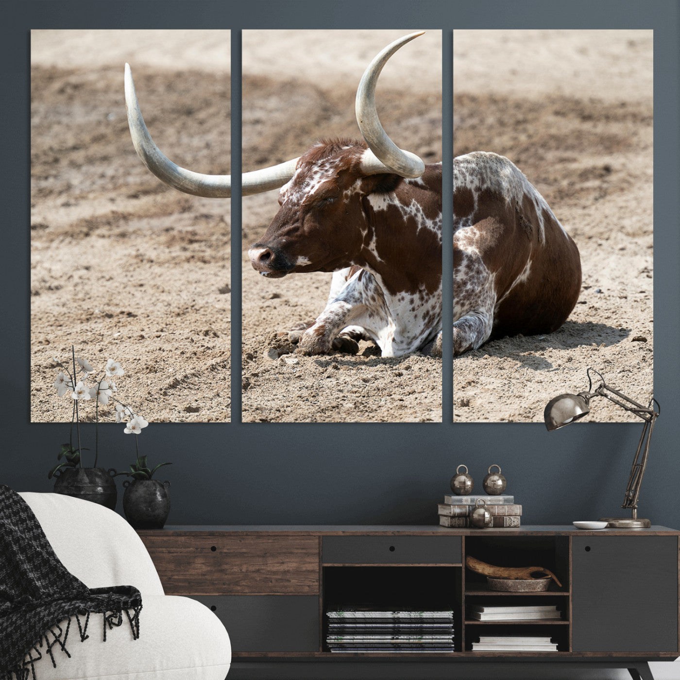 76549210-MGV-CV-36X24-Texas Longhorn Wall Art Canvas Print – Framed Country Living Farmhouse Rustic Cattle Scene Artwork for Home Office