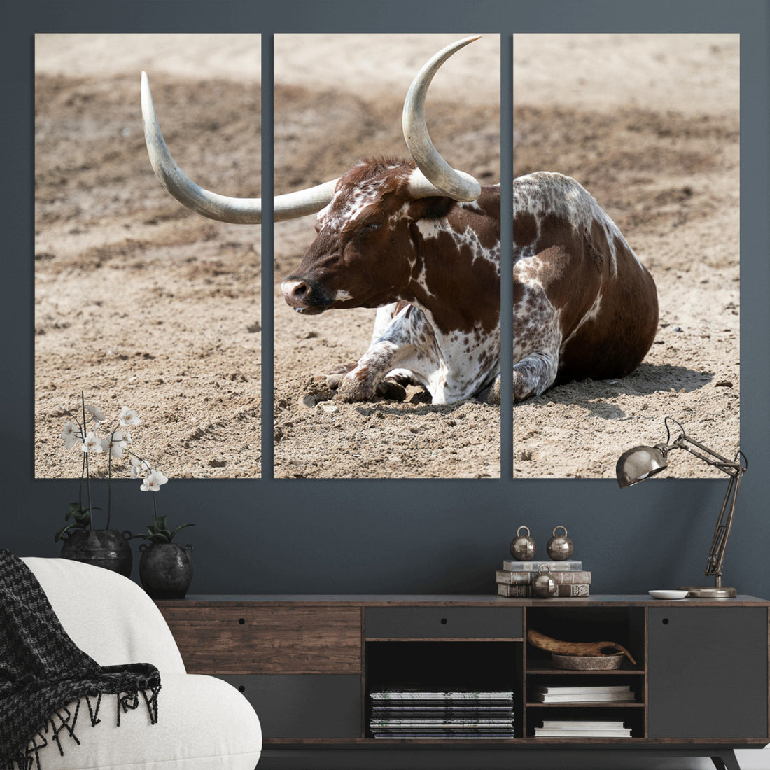 Texas Longhorn Wall Art Canvas Print, Framed Country Living Farmhouse