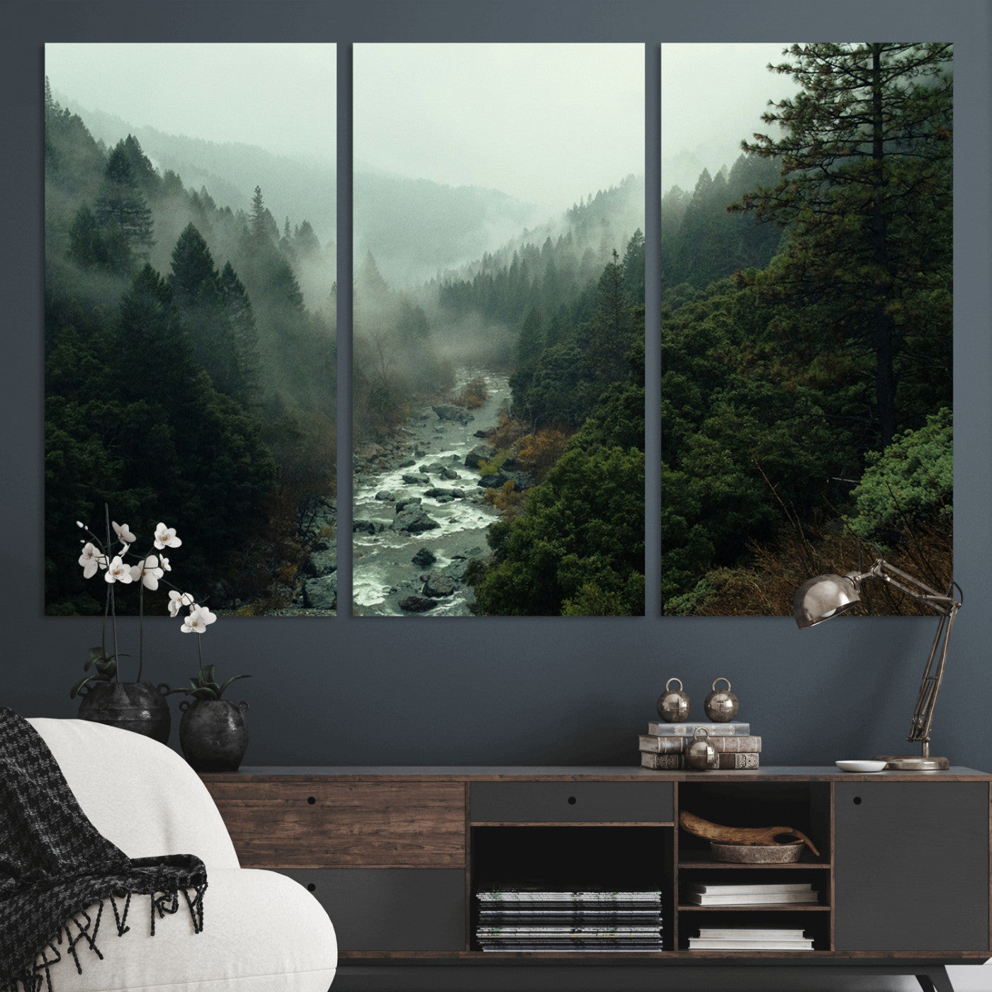 -Misty Forest Wall Art Canvas Print – Framed Foggy River Moody Landscape Wilderness Nature Scene Artwork for Home Office