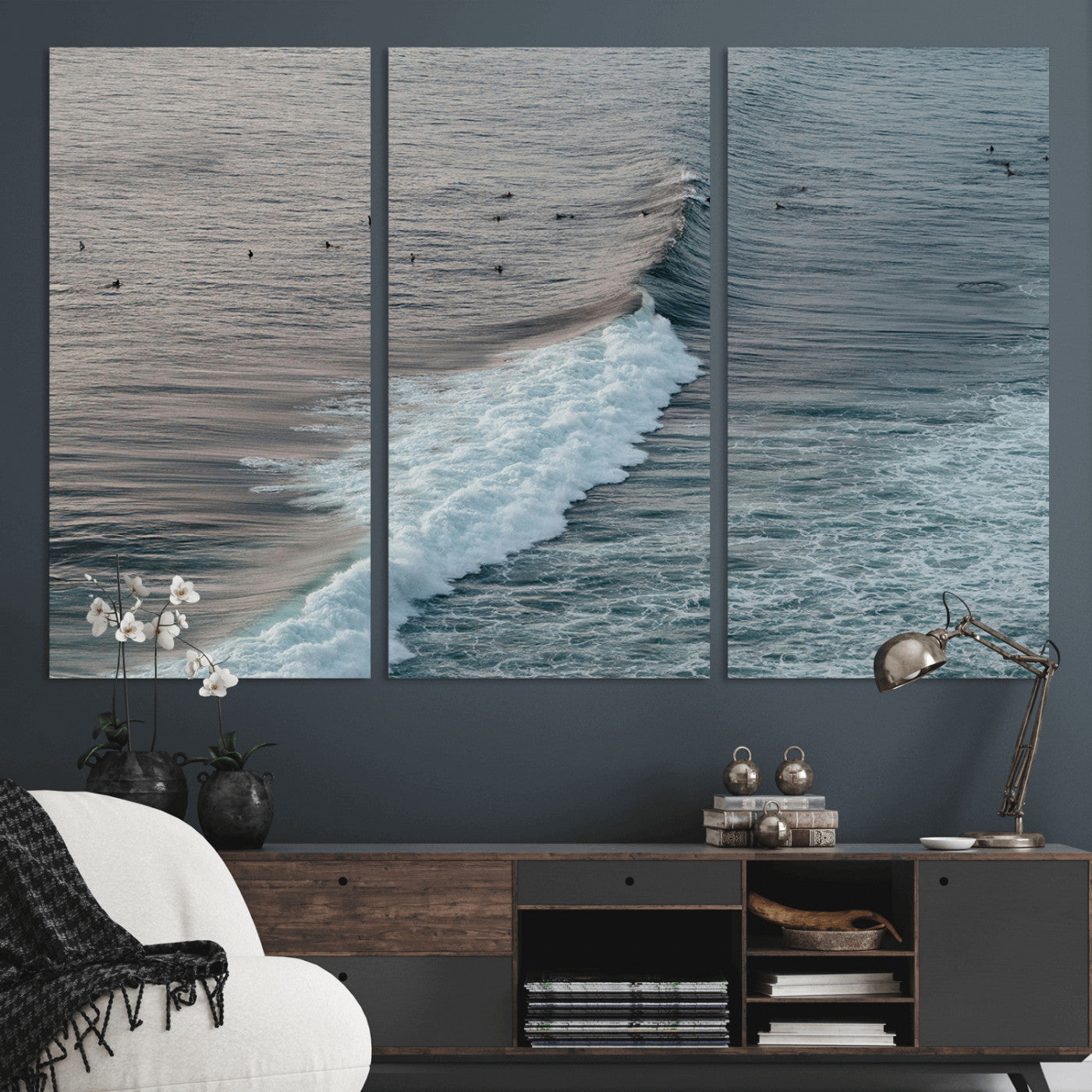 23077324-MGV-CV-48X32-3P-Ocean Waves Wall Art Canvas Print – Framed Coastal Serenity Surf Nature Scene Artwork for Home Office