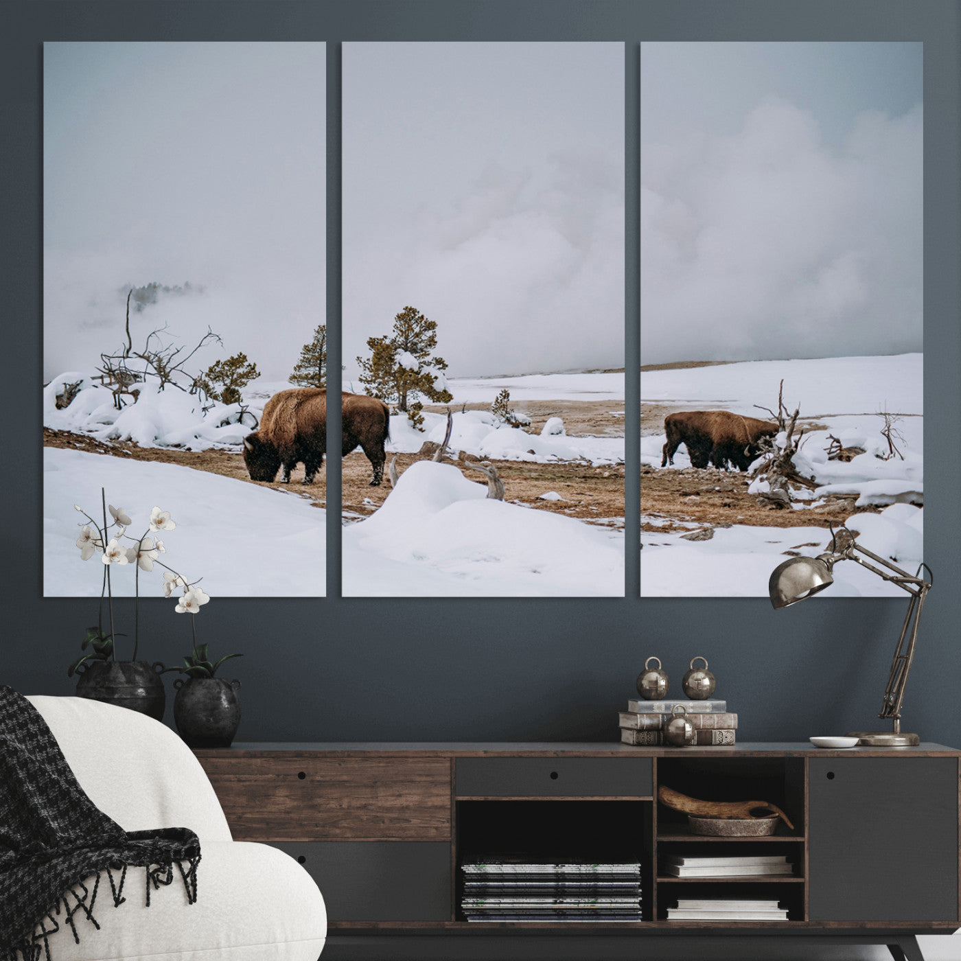 -Bison Wildlife Wall Art Canvas Print – Framed Snowy Prairie Western Rustic Nature Scene Artwork for Home Office