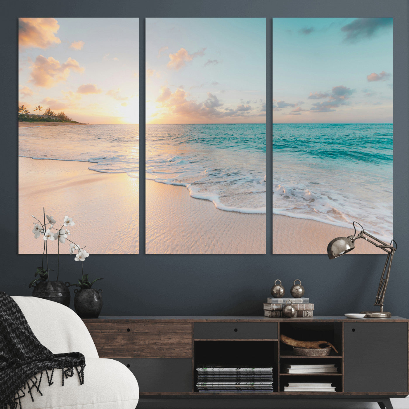 -Beach Sunset Wall Art Canvas Print – Framed Ocean Waves Summer Escape Coastal Nature Scene Artwork for Home Office