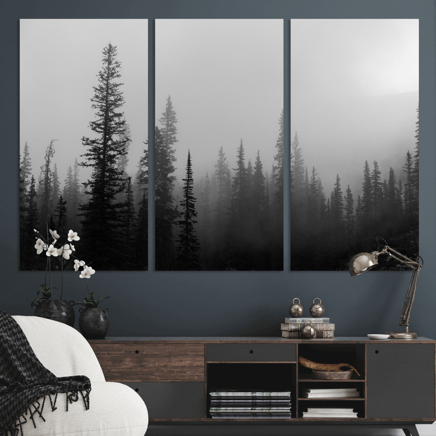 73138900-MGV-CV-48X32-3P-Misty Pines Wall Art Canvas Print – Framed Woodland Minimalist Rustic Nature Scene Photography Artwork for Home Office