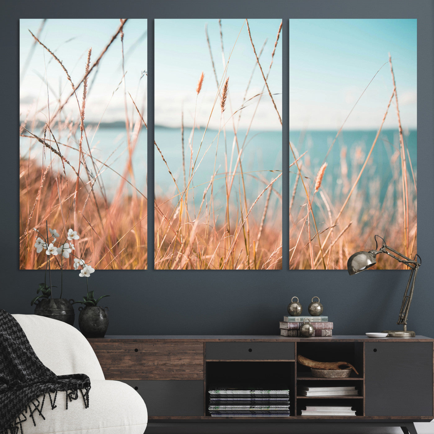 36108696-MGV-CV-36X24-Coastal Grass Landscape Wall Art Canvas Print – Golden Shoreline Nature Scene Serene Ocean View Artwork for Home Office