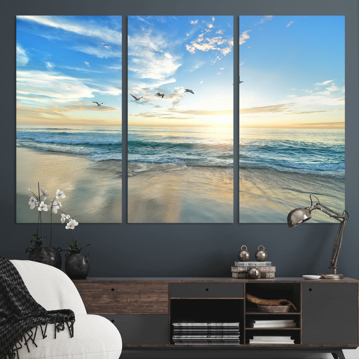 MGV-CV-48X32-3P - Minimalist Seaside Wall Art Canvas Print, Framed Morning Glow Art Picture Print, Golden Reflections Perfect Coastal Minimalist Decor Artwork