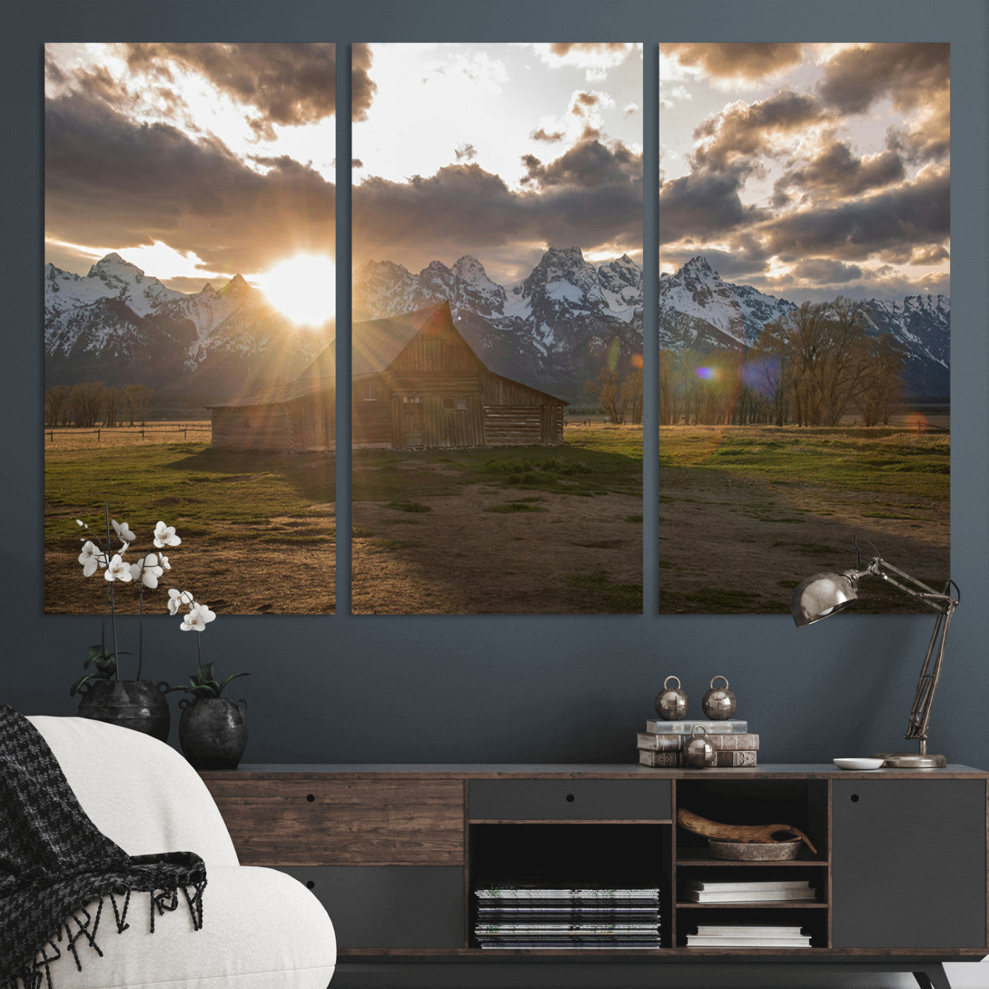52555760-MGV-CV-48X32-3P-Snowy Peaks Wall Art Canvas Print – Rustic Mountain Landscape Nature Escape Winter Forest Artwork for Home, Office