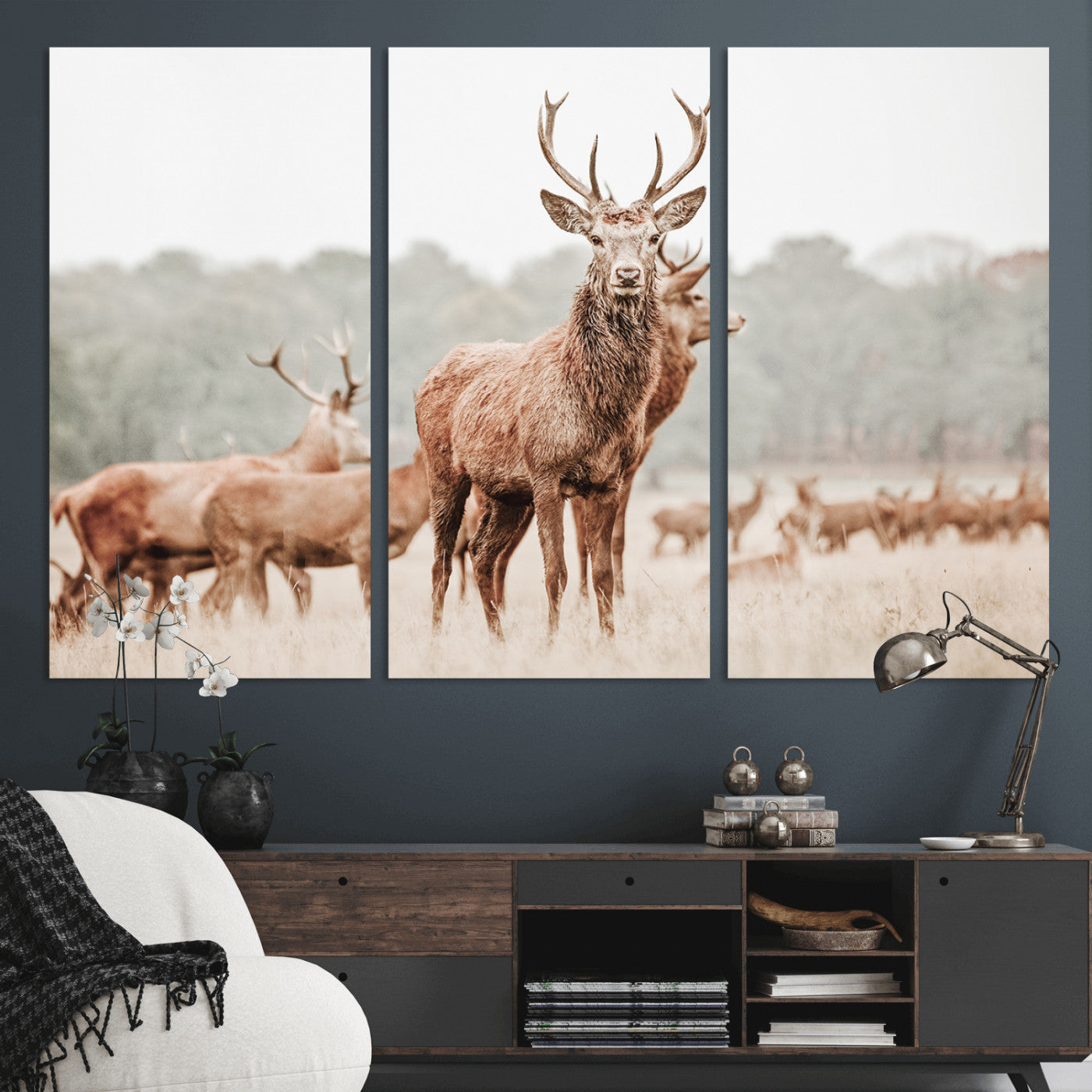 17659786-MGV-CV-48X32-3P-Rustic Nature Wall Art Canvas Print – Stag Woodland Framed Wildlife Art Picture Print Perfect Lodge Decor
