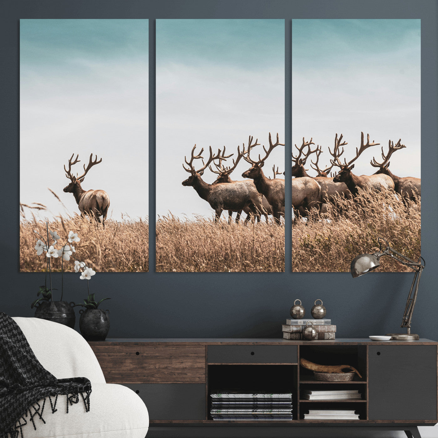 81594705-MGV-CV-48X32-3P-Elk Herd Wall Art Canvas Print – Framed Wildlife Photography Rustic Nature Scene Artwork for Home, Office, Living Room