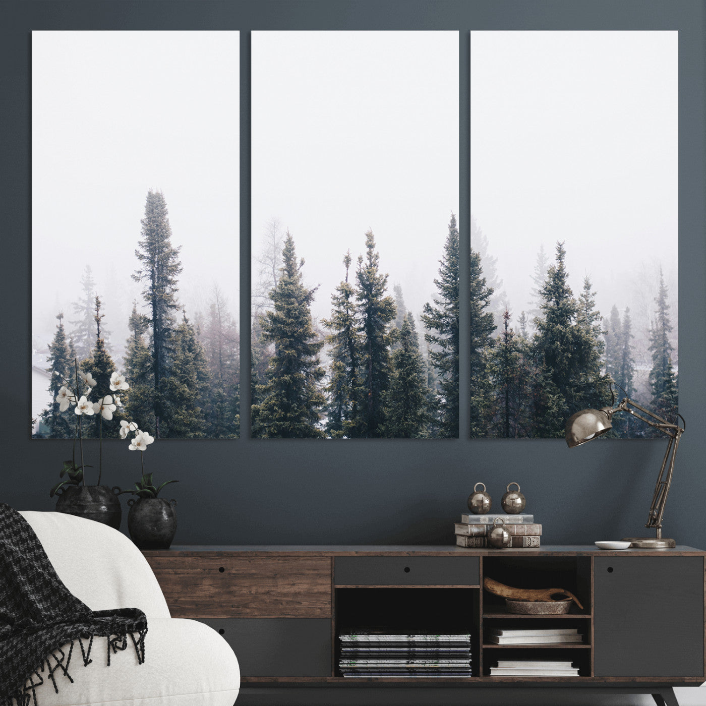 42364796-MGV-CV-48X32-3P-Foggy Forest Wall Art Canvas Print – Framed Misty Pines Moody Woodland Nature Scene Artwork for Home Office