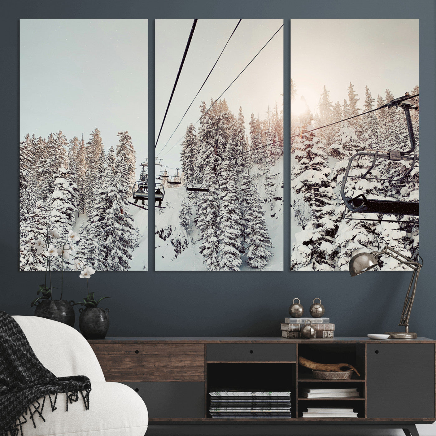 91534512-MGV-CV-36X24-Frosty Pines Wall Art Canvas Print – Framed Cozy Cabin Ski Lift Ride Winter Scene Artwork for Home Office