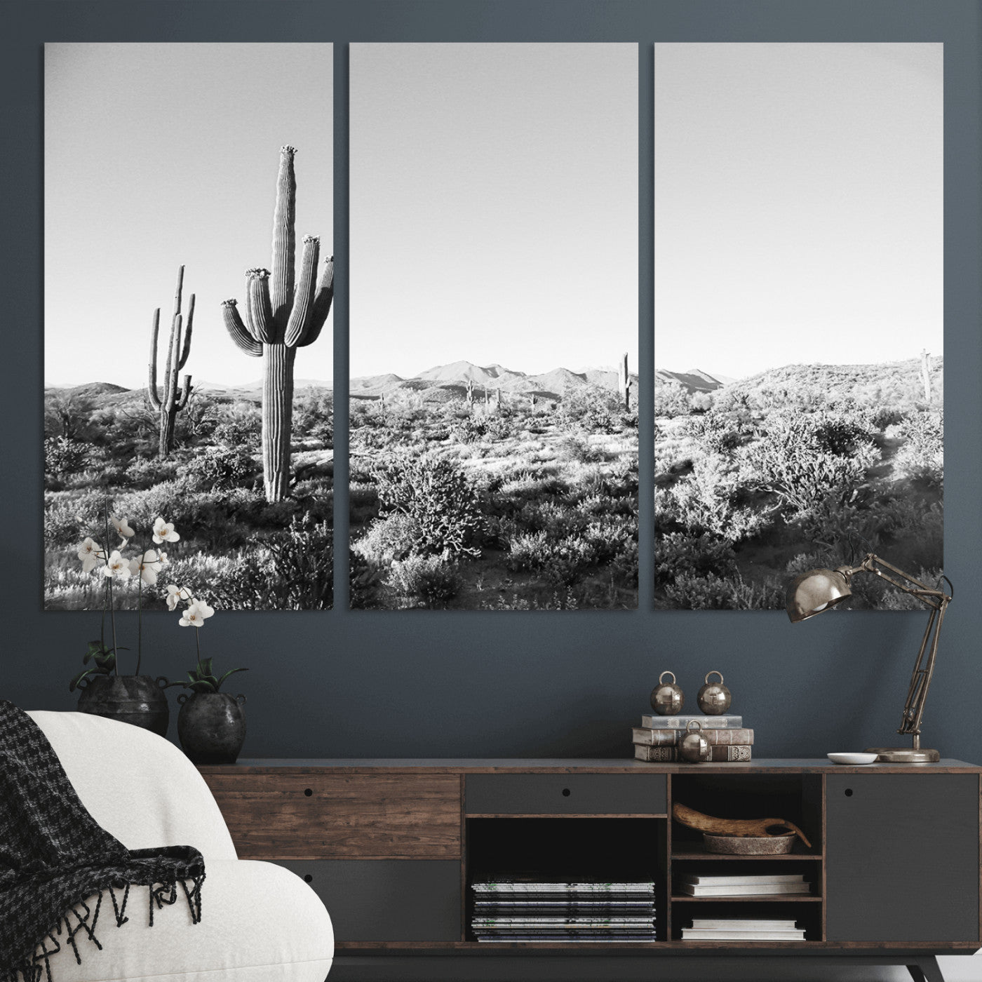 85205054-MGV-CV-48X32-3P-Saguaro Cactus Wall Art Canvas Print – Framed Monochrome Landscape Scenic Arizona Minimalist Western Artwork for Home, Office