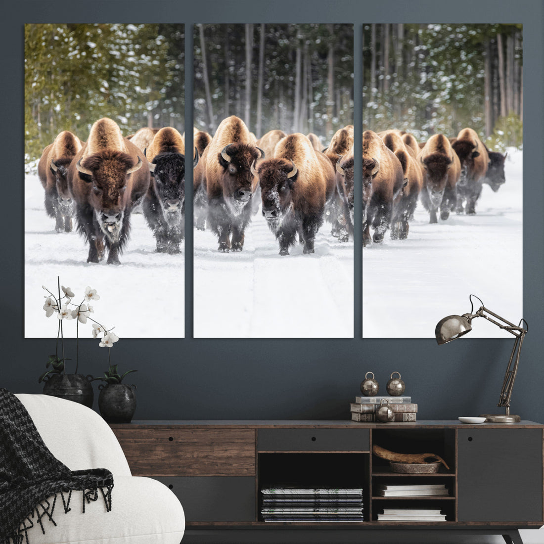 American Bison Herd Wall Art Canvas Print, Powerful Winter Wildlife Scene with Buffalo