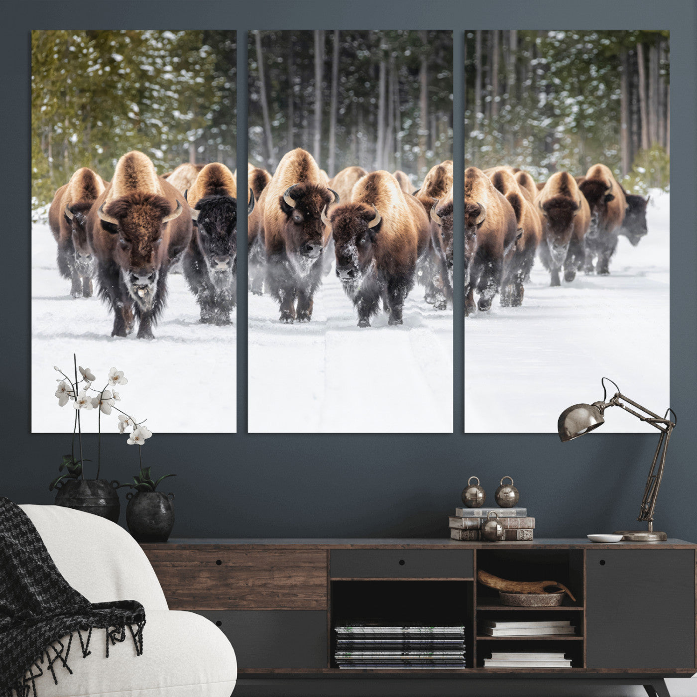 96906195-MGV-CV-48X32-3P - American Bison Herd Snow Canvas Wall Art – Powerful Winter Wildlife Print of Buffalo Motion, Rustic Lodge or Western Cabin Decor for Living Room, Office