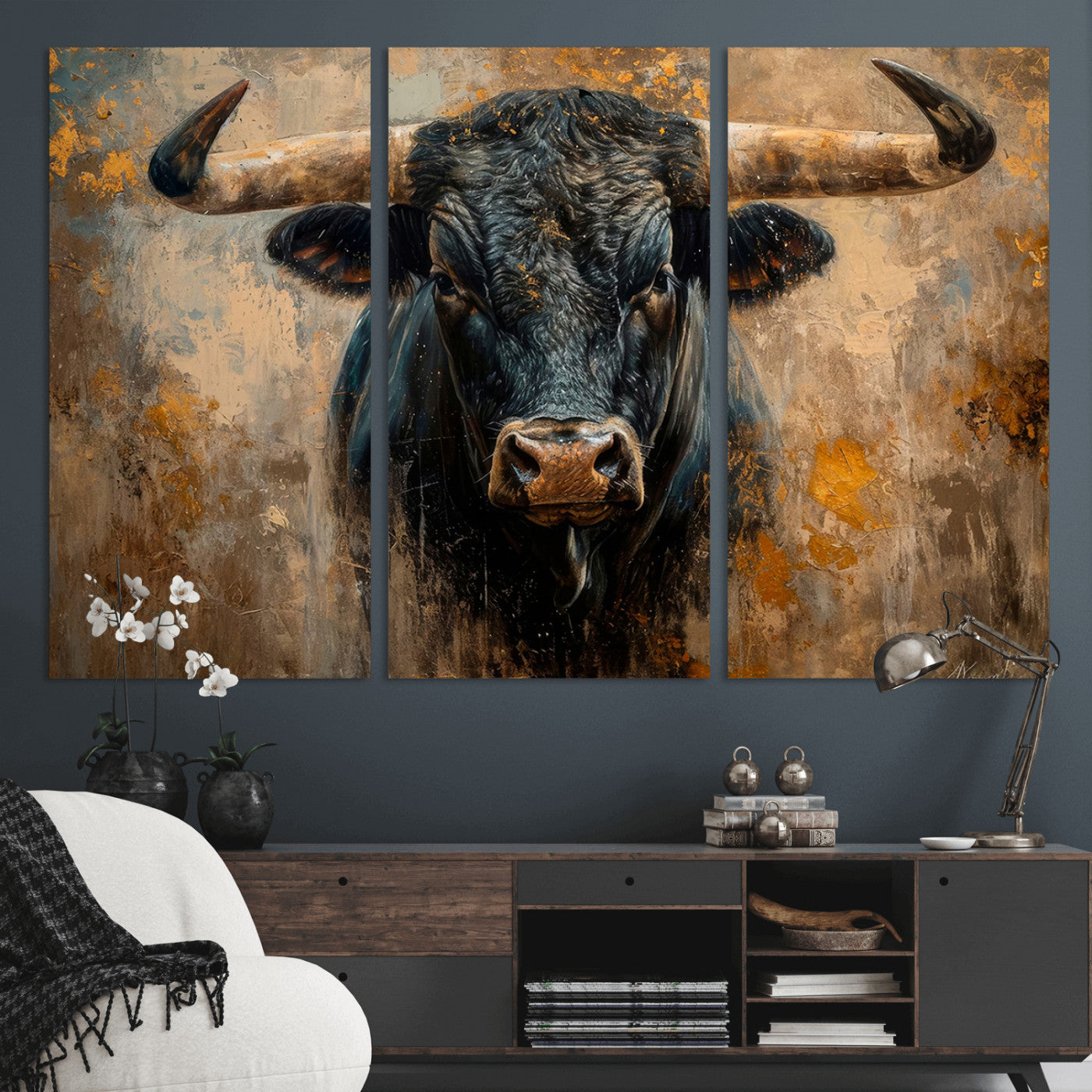 91615410-MGV-CV-36X24 - Abstract Texas Longhorn Bull Wall Art – Rustic Farmhouse Canvas Print, Western Cabin Style Decor, Large Animal Artwork for Living Room or Office